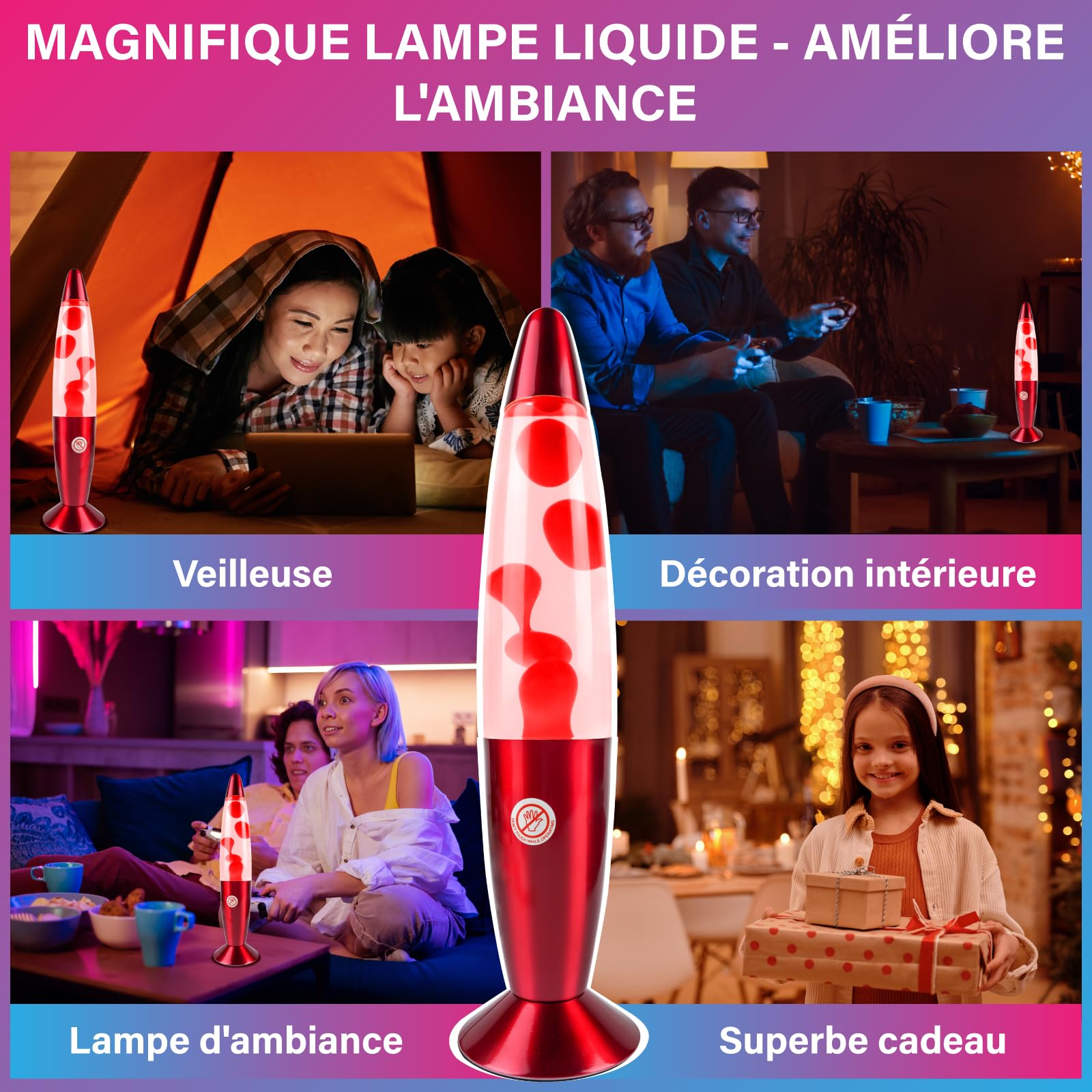 Luxvista Lampe à Lave Rouge 37CM Liquide Transparent et Lave Rouge Lampe D'Ambiance pour Décoration Chambre Salon Bureau Lampe Magma Cadeau Pour Adultes Et Enfants avec 2 Pièces E14 Ampoule
