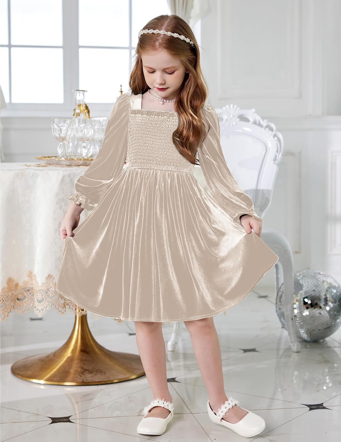 Arshiner Toddler Velvet Dress Girls Smocked Square Neck Puff Long Sleeve Party Dresses with Pockets 3-8Y - Image 6