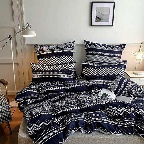 Lunoroey Duvet Cover King Size Navy Striped Boho Duvet Cover Soft Lightweight Microfiber Geometric Bedding Set 1 Duvet Cover 2 Pillowcases #TOP2