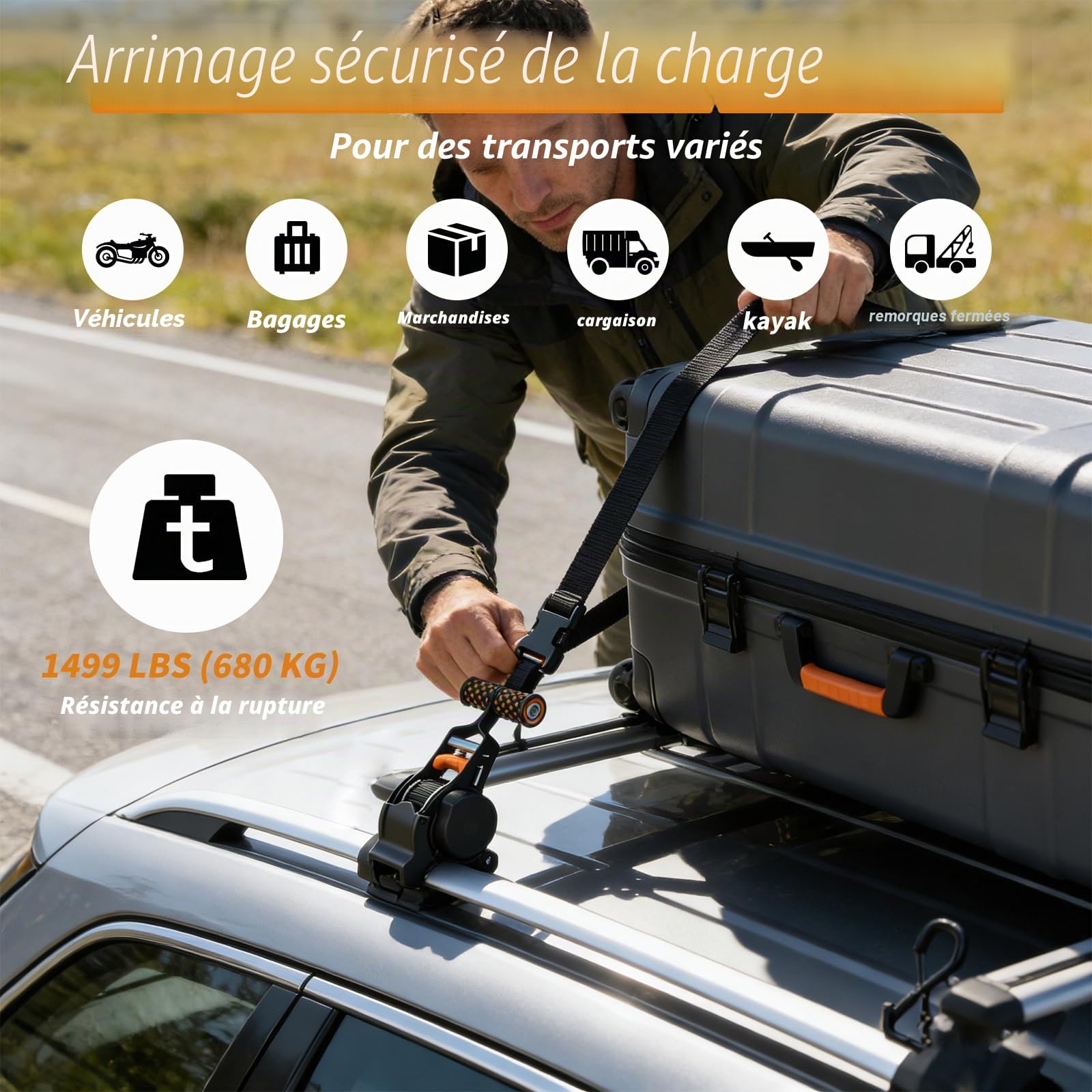 Sangles Auto-enroulantes 2 pièces, Sangles automatiques, 3 m x 25 mm, automatiques avec Crochets en S, résistance à la Rupture de 680 kg, cliquet automatiques pour camions, Motos