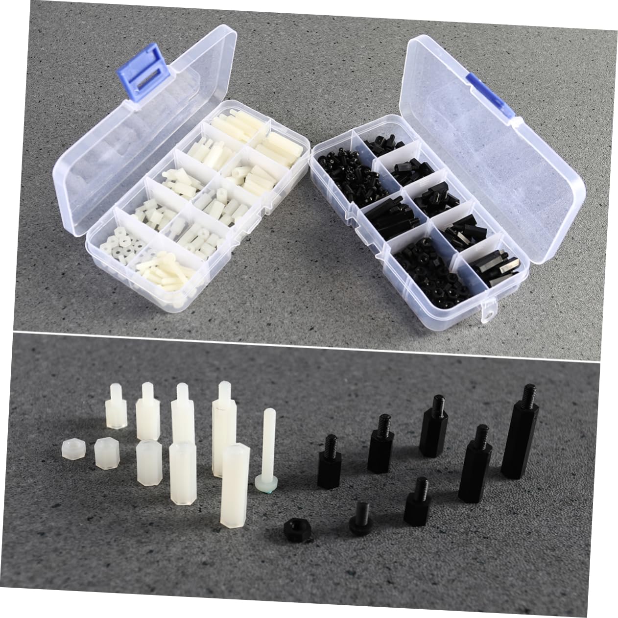 PartyKindom 900pcs Nylon Spacer Nut Assortment Kit Black White Nylon Plastic Standoffs for PCB Circuit Board Applications Easy to Install Storage Box