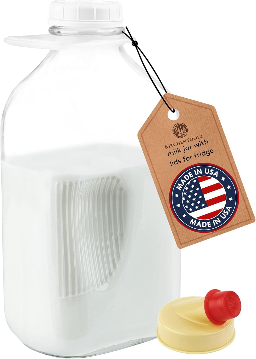 kitchentoolz Glass Milk Jug 64 oz – Half Gallon Jar with Lid and Silicone Pour Spout – Made in USA Water Jug – Milk Jugs with Lids – Reusable Bottles 64 oz
