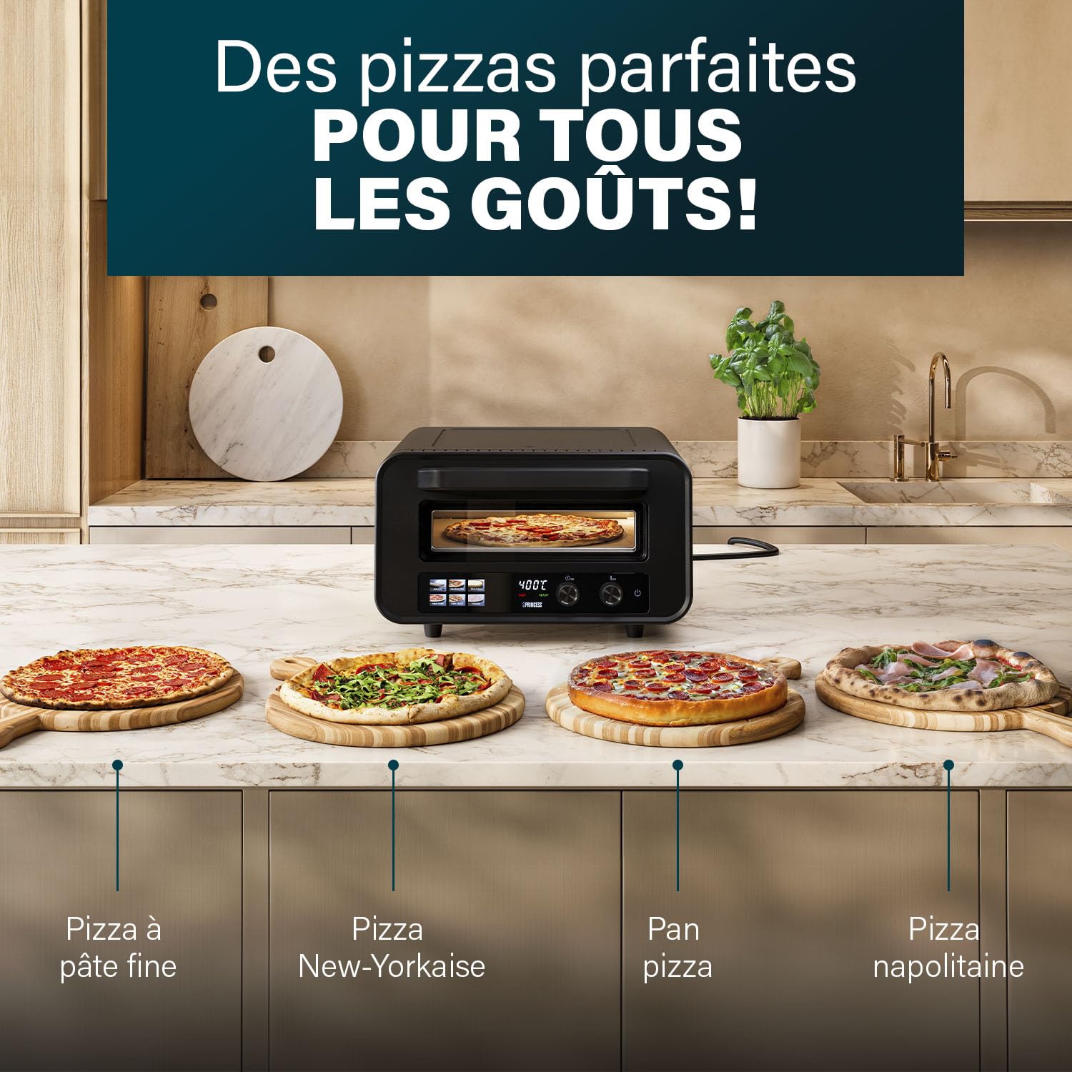 Princess Four à Pizza Pro Max, 15L, 400°C, 2100W, Commandes Tactiles, Pierre et Pelle Incluses, Chaleur Haut/Bas, Minuterie, Compact et Portable, Utilisation Intérieure/Extérieure, 112780