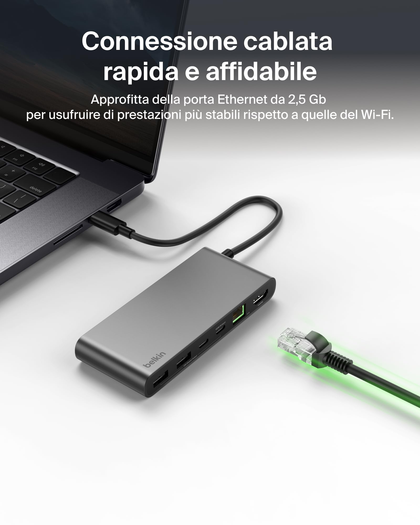 Belkin Connect Hub USB C a 8 Porte, Supporta Display con Risoluzioni Fino a 4K a 60 Hz, Funziona con Mac, Windows e Chromebook, 100W PD con Trasferimenti dati di 10Gbps ed Ethernet 2,5 Gbps - Grigio