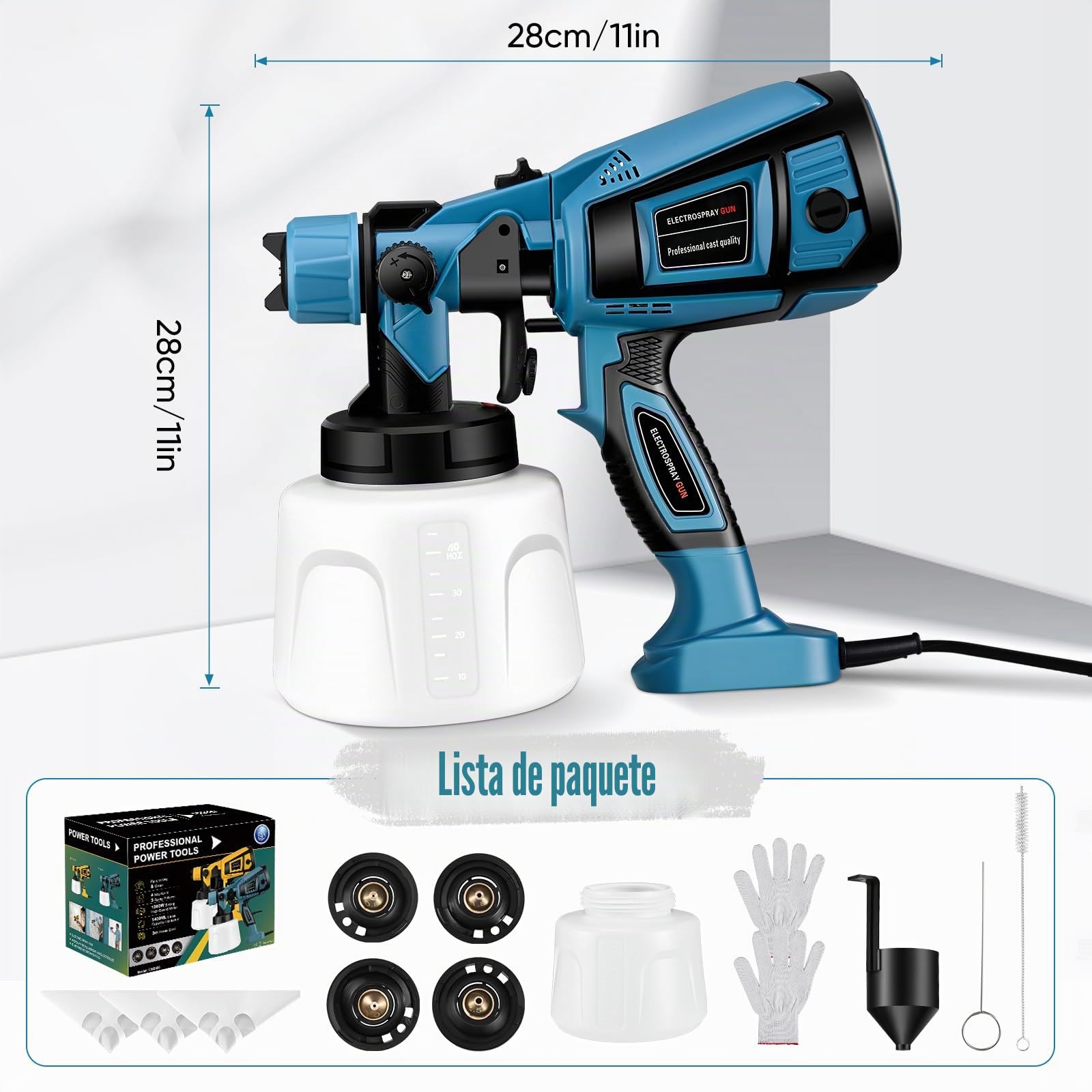 Pistola de Pintura,800W HVLP Pulverizador de Pintura Eléctrico con Recipiente de 1400ml, Flujo Máximo de 1000ml/min,5 Boquillas para la Pulverización y Limpieza del Bricolaje(Azul)