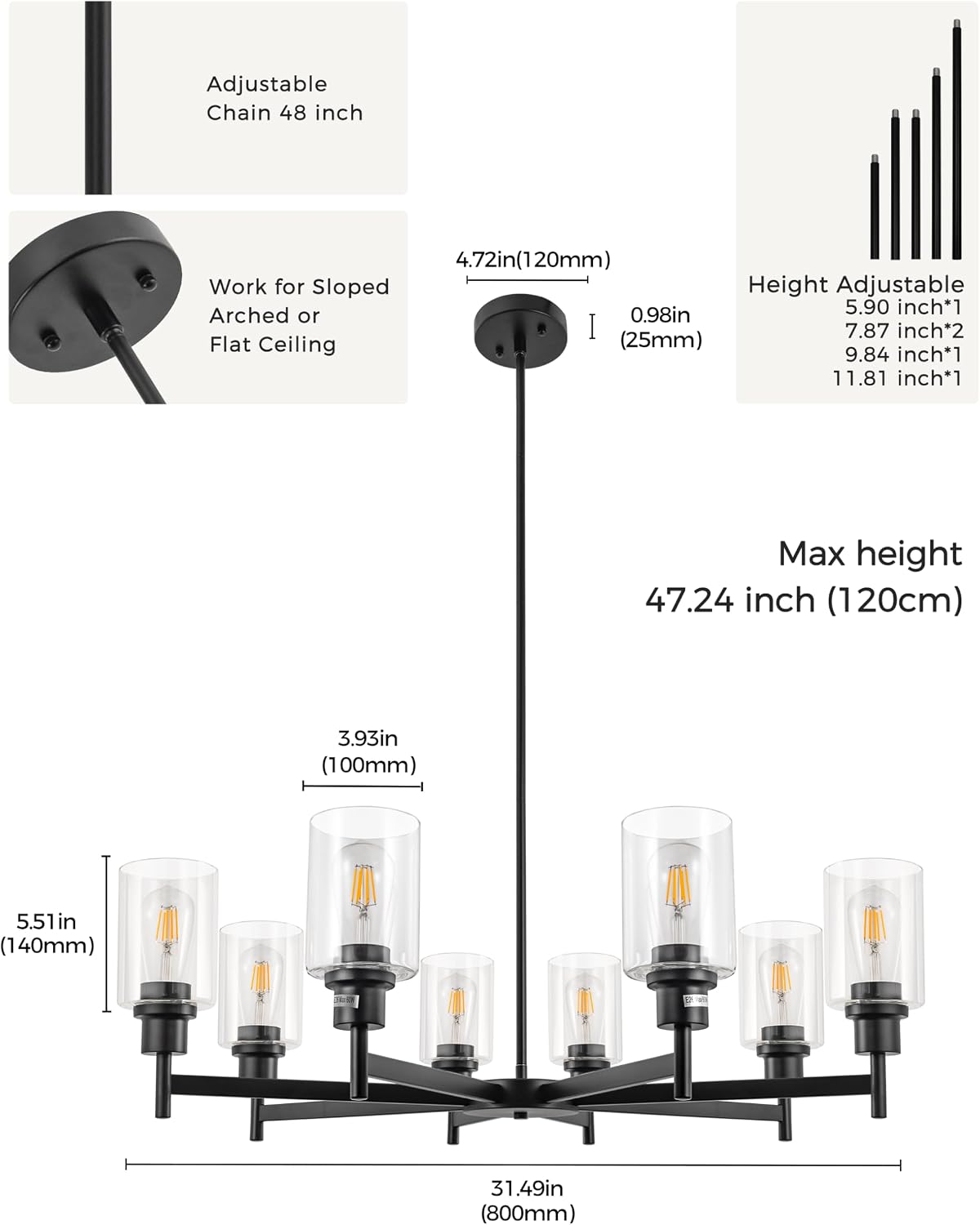 L LOHAS LED 8-Light Black Chandelier for Dining Room Light Fixture Over Table, 31.5-Inch Modern Chandelier with Glass Shades, Adjustable Hanging Light Fixture for Kitchen Island Foyer Hallway