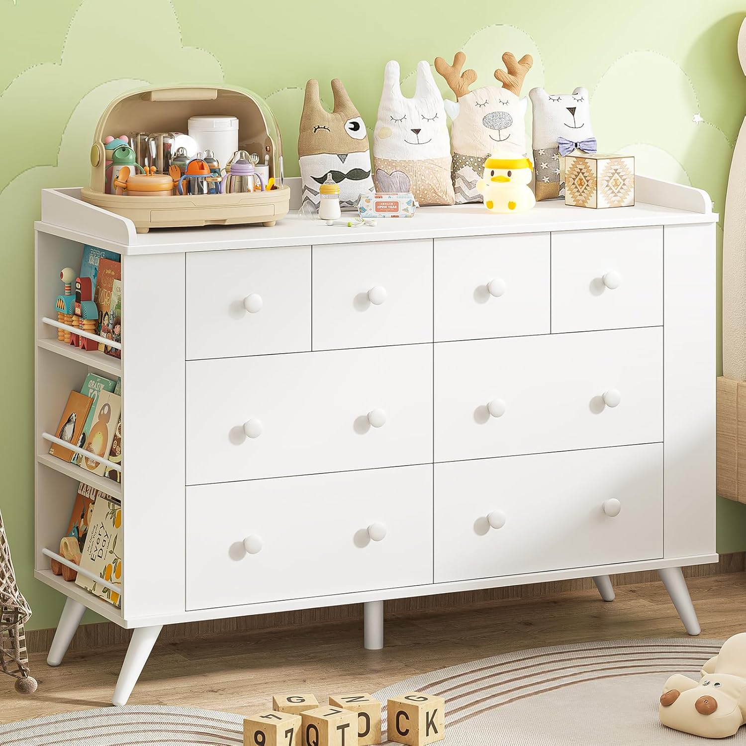 Vabches 8-Drawer Kids Dresser & Changing Table - White Nursery Chest with Open Shelves, Raised Safety Edges