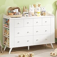 Vabches 8-Drawer Kids Dresser & Changing Table - White Nursery Chest with Open Shelves, Raised Safety Edges