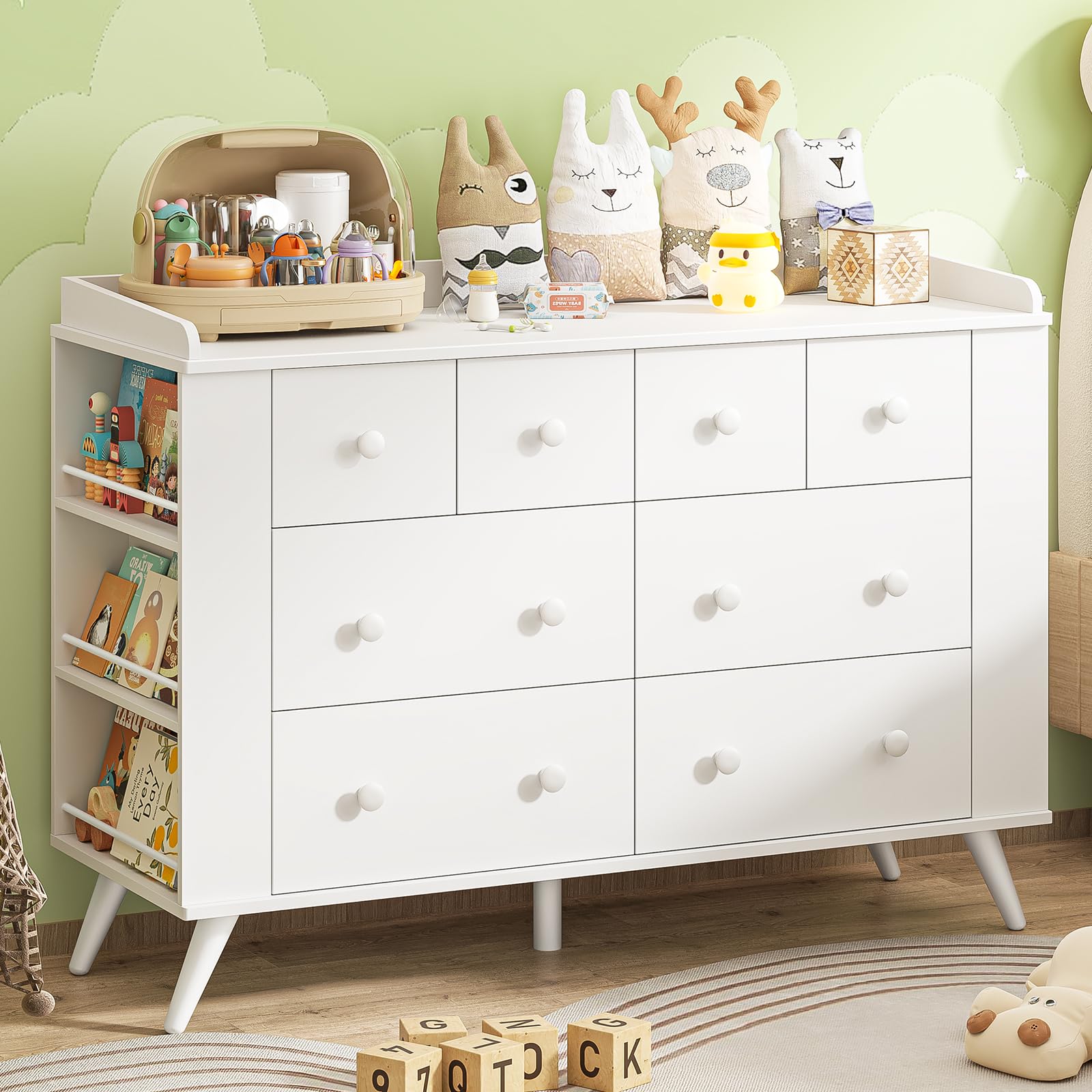 Cómoda infantil con 8 cajones, cambiador para guardería, cómoda blanca con estantes abiertos, cómoda para bebé, mueble de dormitorio infantil, mesita de noche para habitación infantil, color blanco