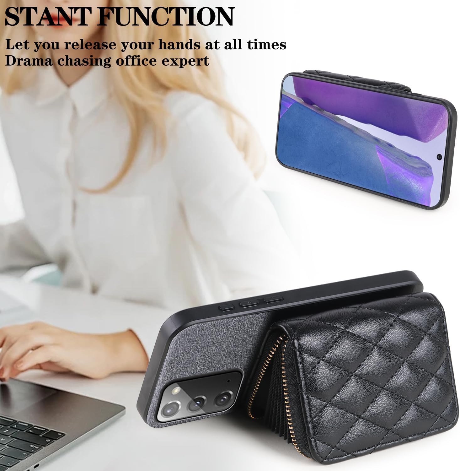 Argyle Wallet Cover for Samsung Galaxy Note 20 5G with Screen Protector Shoulder Strap, Luxury PU Leather Zipper Organ Card Holder Stand Phone Case for Note20 Notes 20s Twenty Not S20 Black