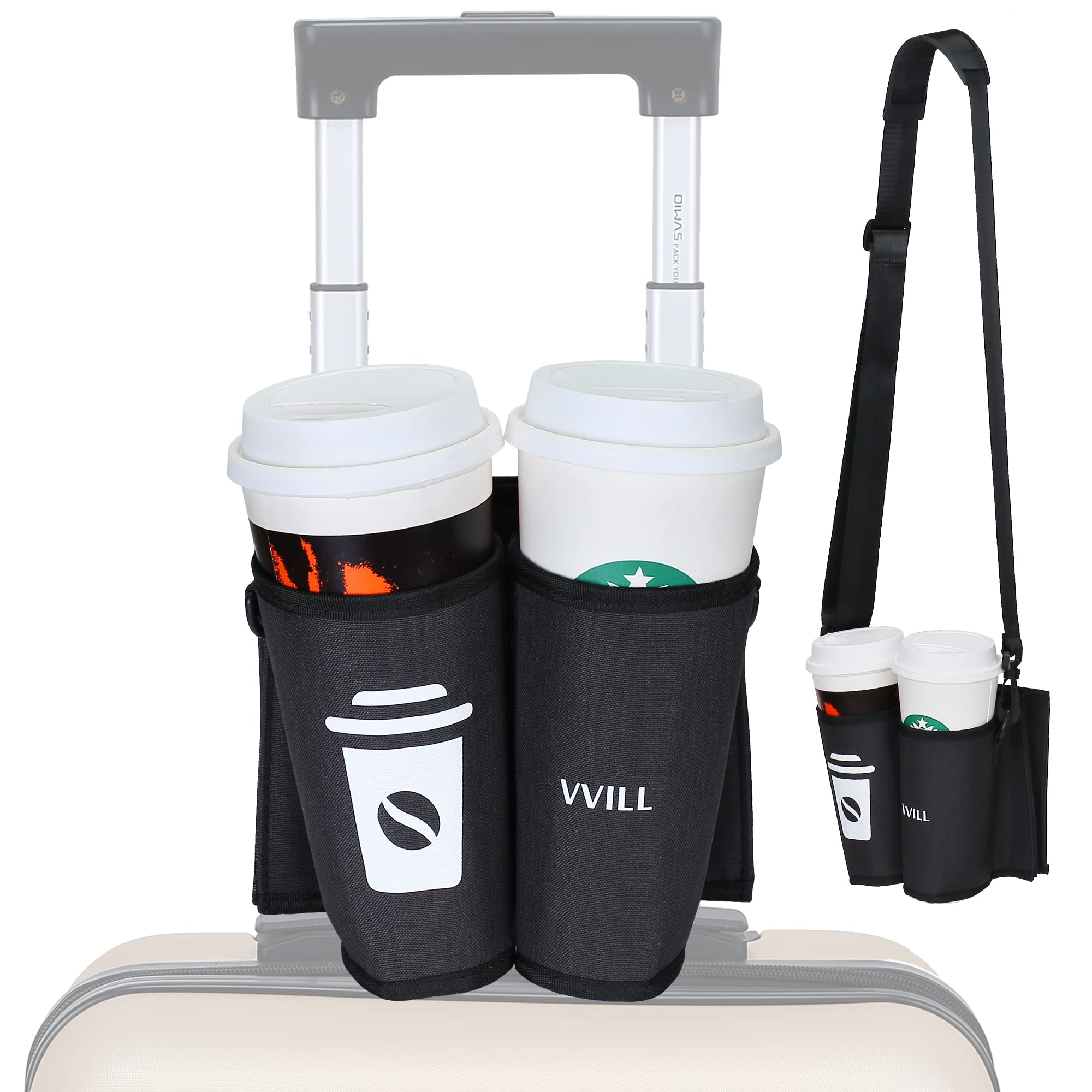 VVILL Luggage Travel Cup Holder, Keep Cooler Lining and Shoulder Strap,Free Your Hand Travel Accessories for Airplane, Fit Rolll On Suitcase Handles Hold 2 Coffee Mugs. (Black)
