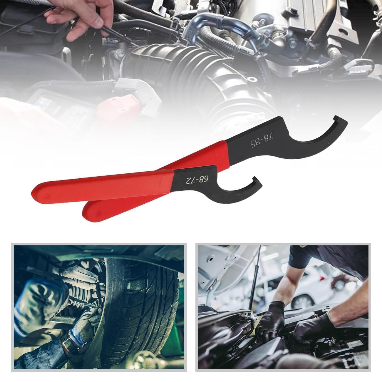 Juego de 9 llaves inglesas de acero al carbono en forma de C, herramienta de gancho ajustable para la mayoría de coches y motocicletas (rojo)