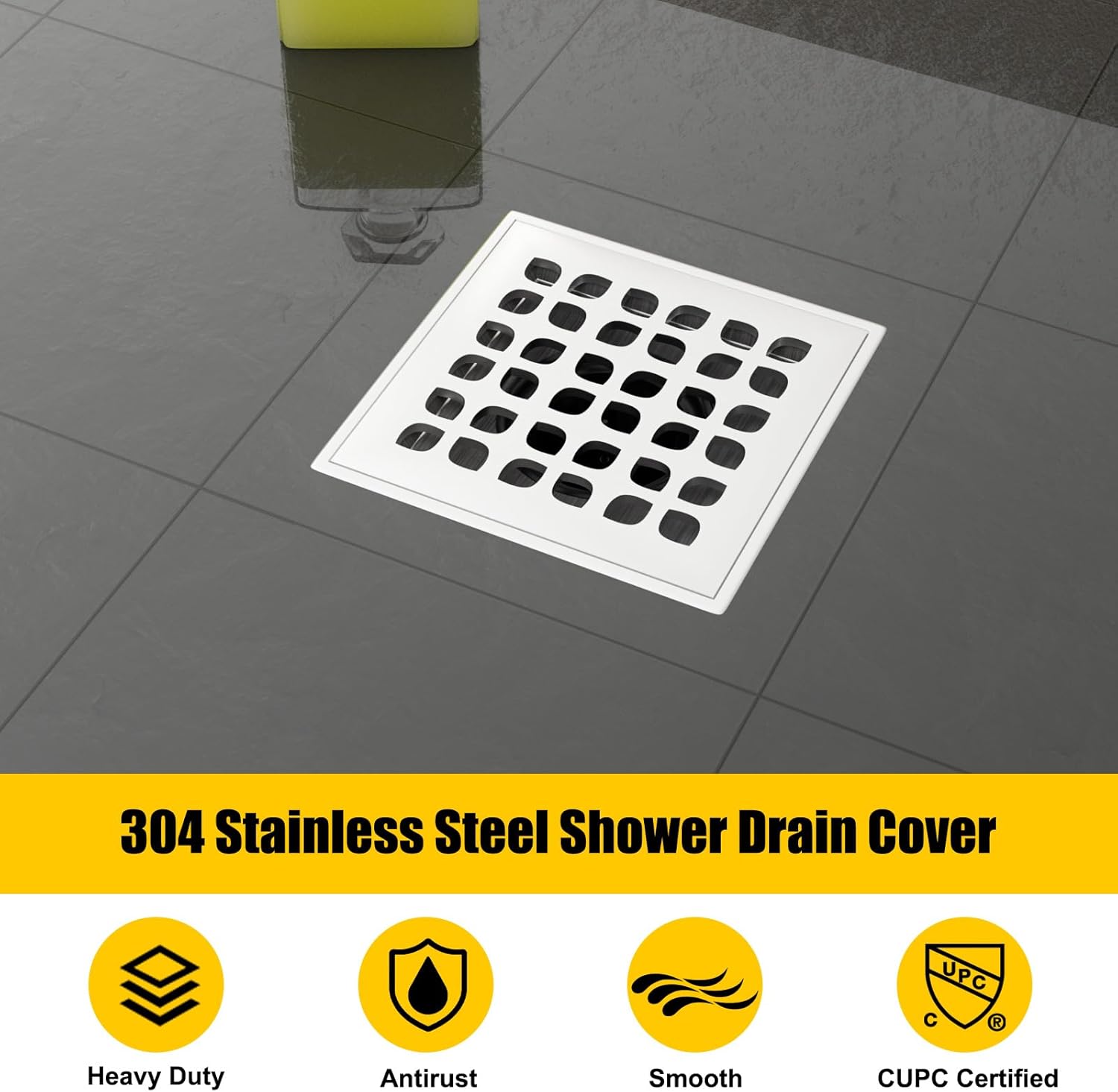 4 Inch Square Shower Drain Brushed with PVC Bonding Flange, Bonding Drain Shower Flange Kit 304 Stainless Steel Drain Grate for Low Profile Tiles, CUPC Certified