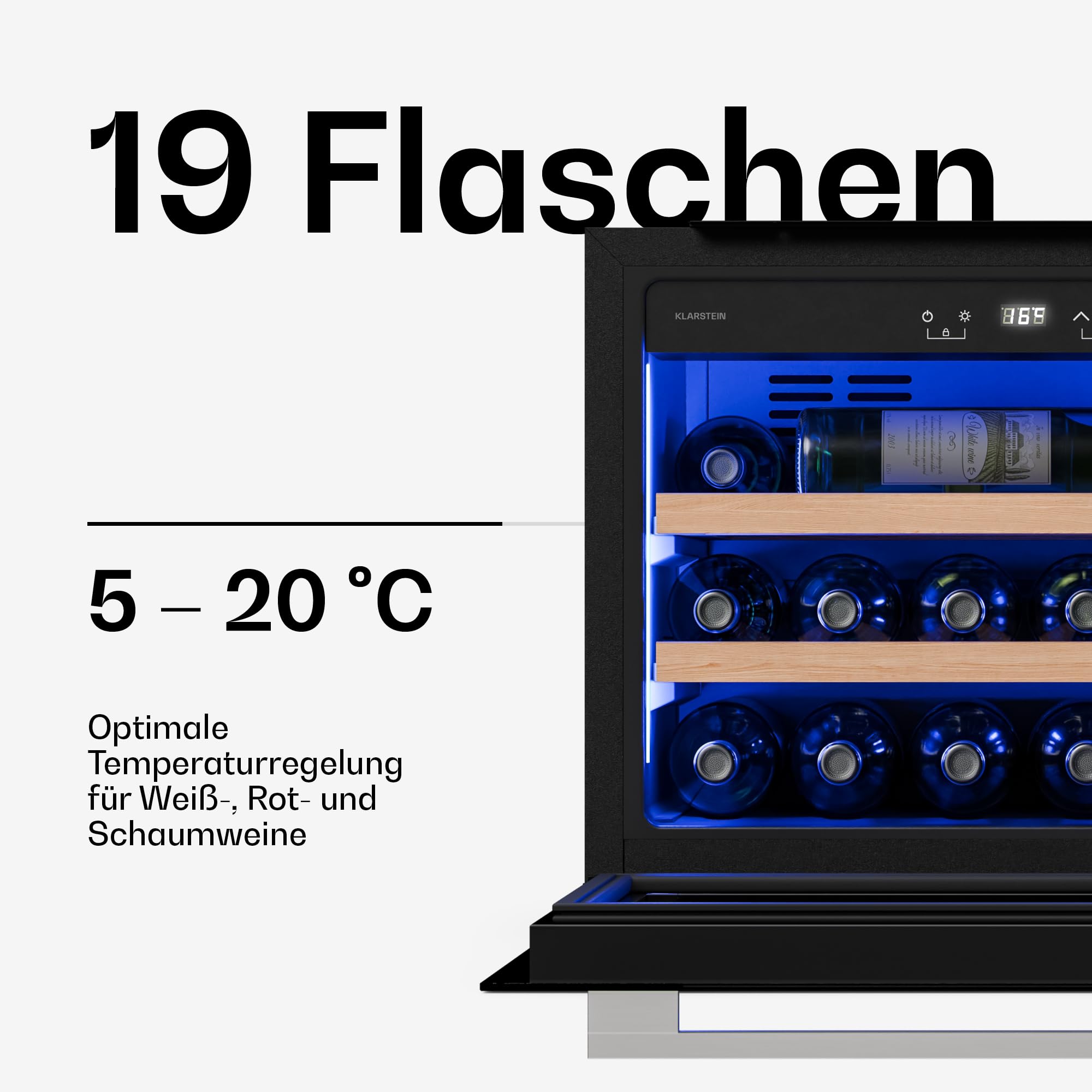 Klarstein Illuminosa Weinkühlschrank Einbau - 19 Flaschen, 1 Zone, 5-20°C, Touch, LED, UV-Schutz, leise, Buchenholzregale, Einbau-Weinkühlschrank