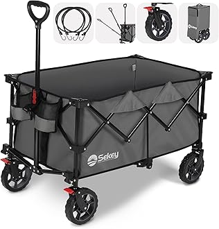 Sekey 220L Collapsible Foldable Wagon with 330lbs Weight Capacity, Heavy Duty Folding Wagon Cart with Big All-Terrain Wheels & Drink Holders (Grey)