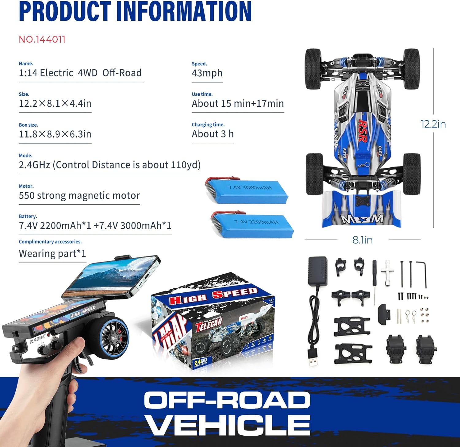 WLtoys 144001 V2 1/14 RC Cars, 4WD High-Speed Remote Control Cars for Adults, Creative Lighting Design, Upgraded Hardware and Battery, Max 43 mph Hobby Electric Off-Road Jumping RC Trucks