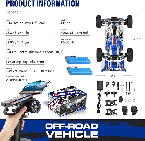 Miniatura 7 de WLtoys 144001 V2 1/14 - Autos de control remoto de alta velocidad 4WD para adultos, diseño de iluminación creativo, hardware y batería mejorados, 43