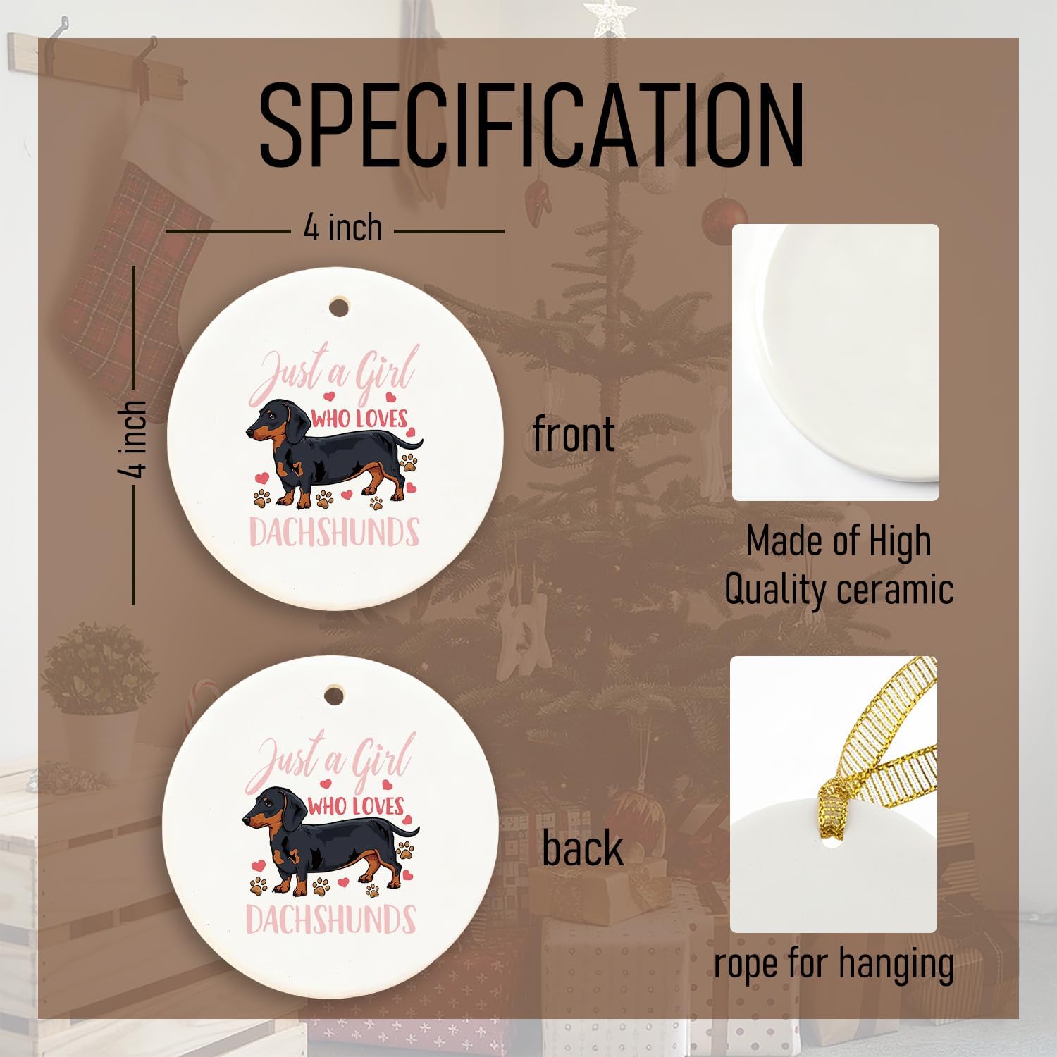 Mancheng-zi Dachshund Christmas Ornament, Weiner Dog Ornament for Christmas Tree Decoration, Just a Girl Who Loves Dachshund Decorative Hanging Ceramic Ornaments - Image 2