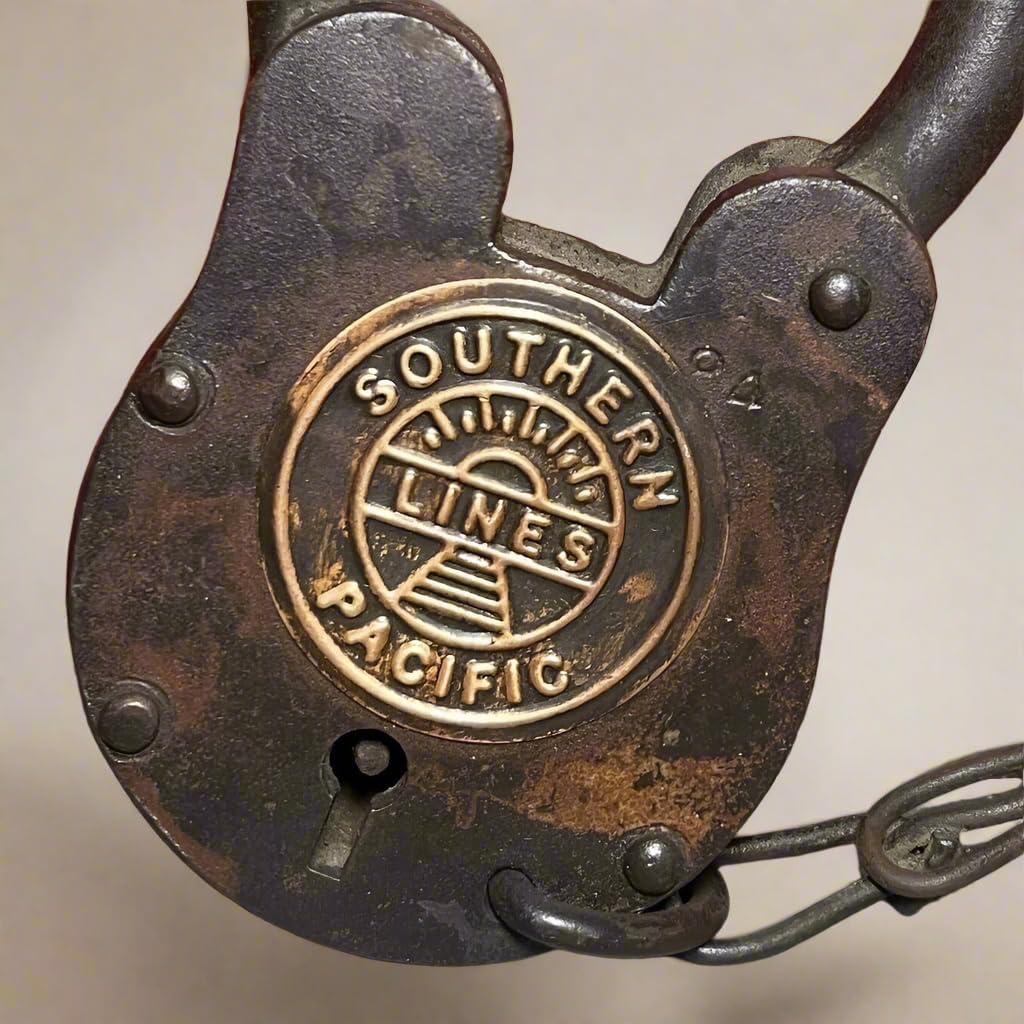 Southern Pacific Railroad Cast Iron Lock with Chain & Brass Tag (5" x 3.5")