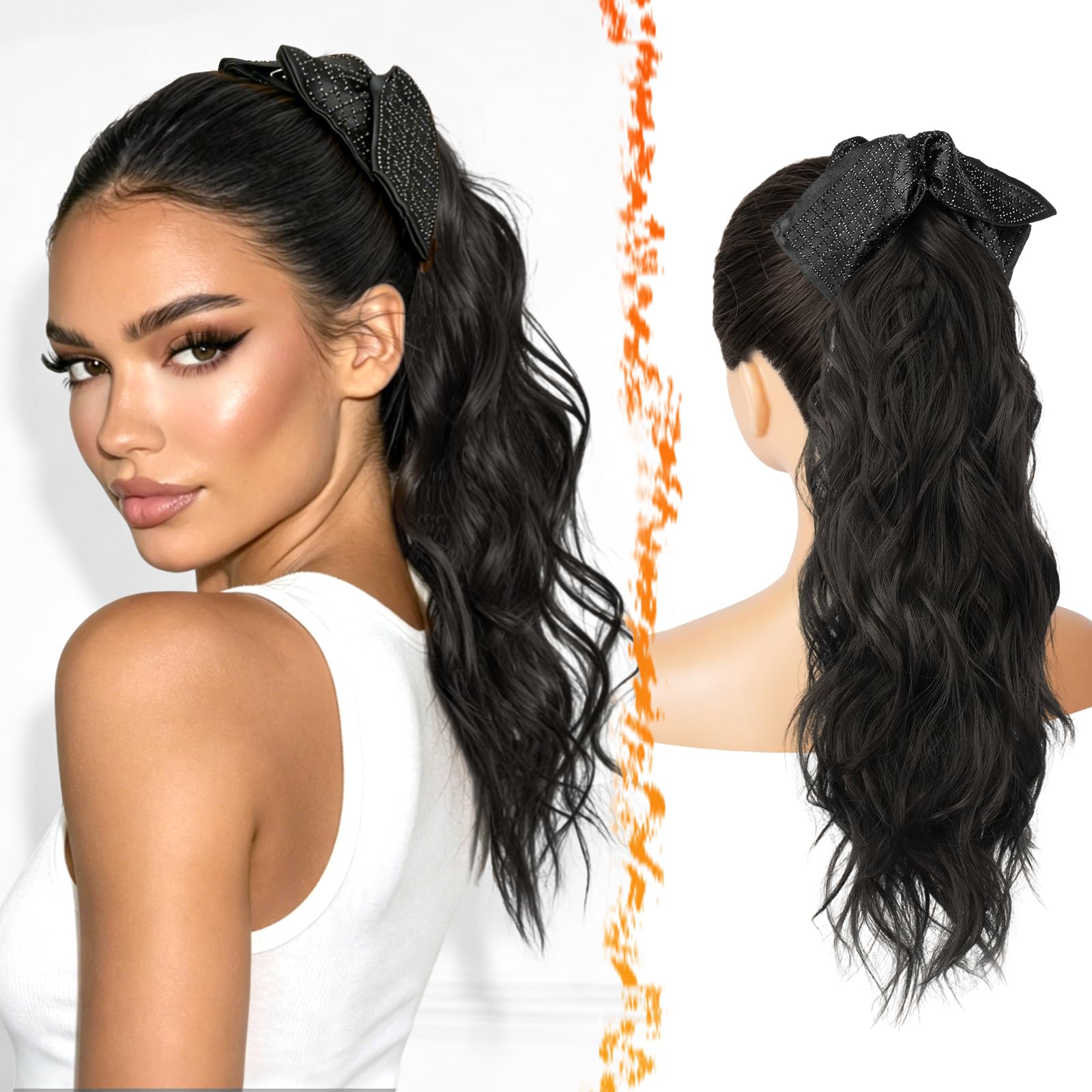 BARSDAR Coleta Postiza Extensiones Pelo, 45cm Bow Pinza Garra Ondulado Negro Marrón Cola de Caballo Extensiones para Mujeres Aspecto Natural Ligeras Sintética Ondulado Negro Marrón Ponytail Postizos