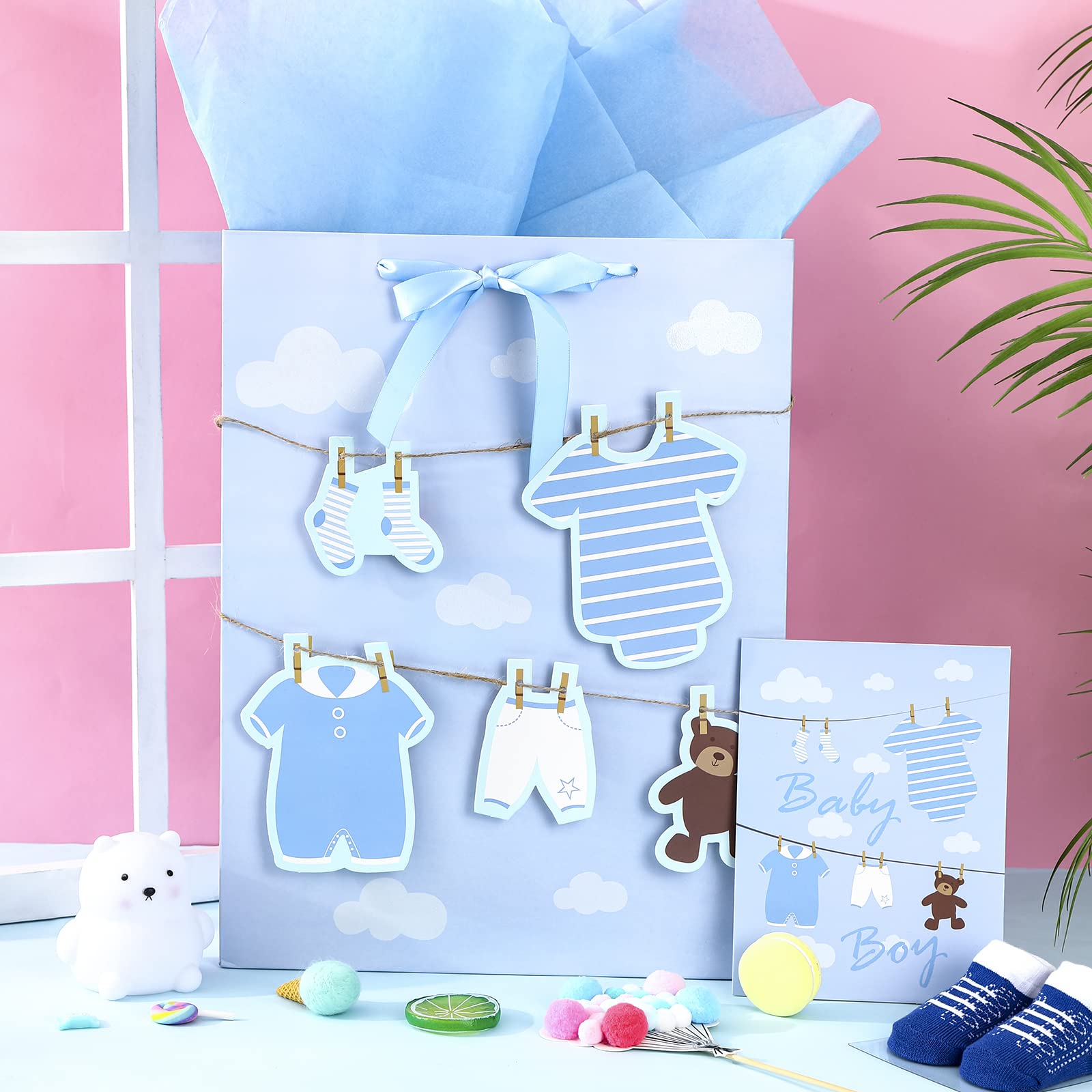 JOHOUSE Bolsa De Regalo Para Bebé Niño, Bolsas De Regalo Azules De 13 Pulgadas Con Cinta De Papel De Seda Y Tarjeta De Felicitación Para Niño, Baby Shower, Recién Nacido, Primer
