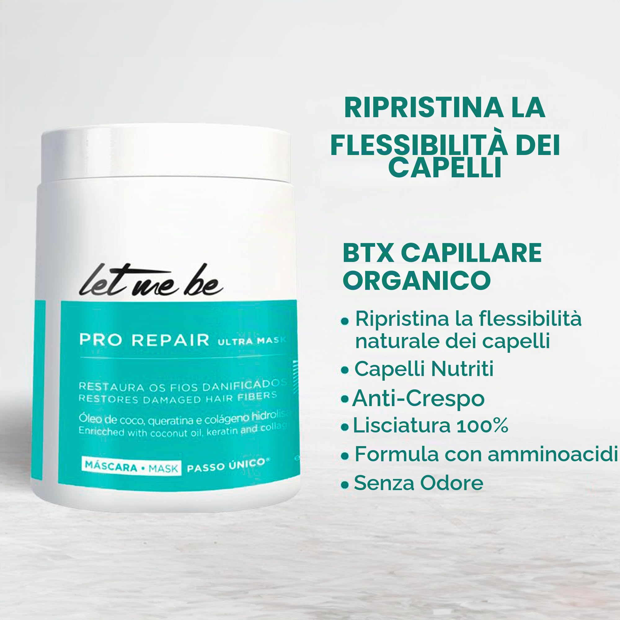 Let Me Be Btox per Capelli Professionale Senza Formaldeide, BTX Pro Repair | Maschera Capelli anti-crespo e riduttore di volume in 1 step - Con cheratina idrolizzata, collagene e olio di cocco - 1Kg