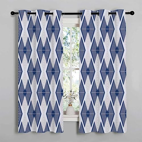 Cortinas De Cocina Modernas Dark Blue Lattice Geometry Polka Dots Nordic Curtains for Sliding Door Tapestry Curtains 72Inch Width by 85Inch Length,2
