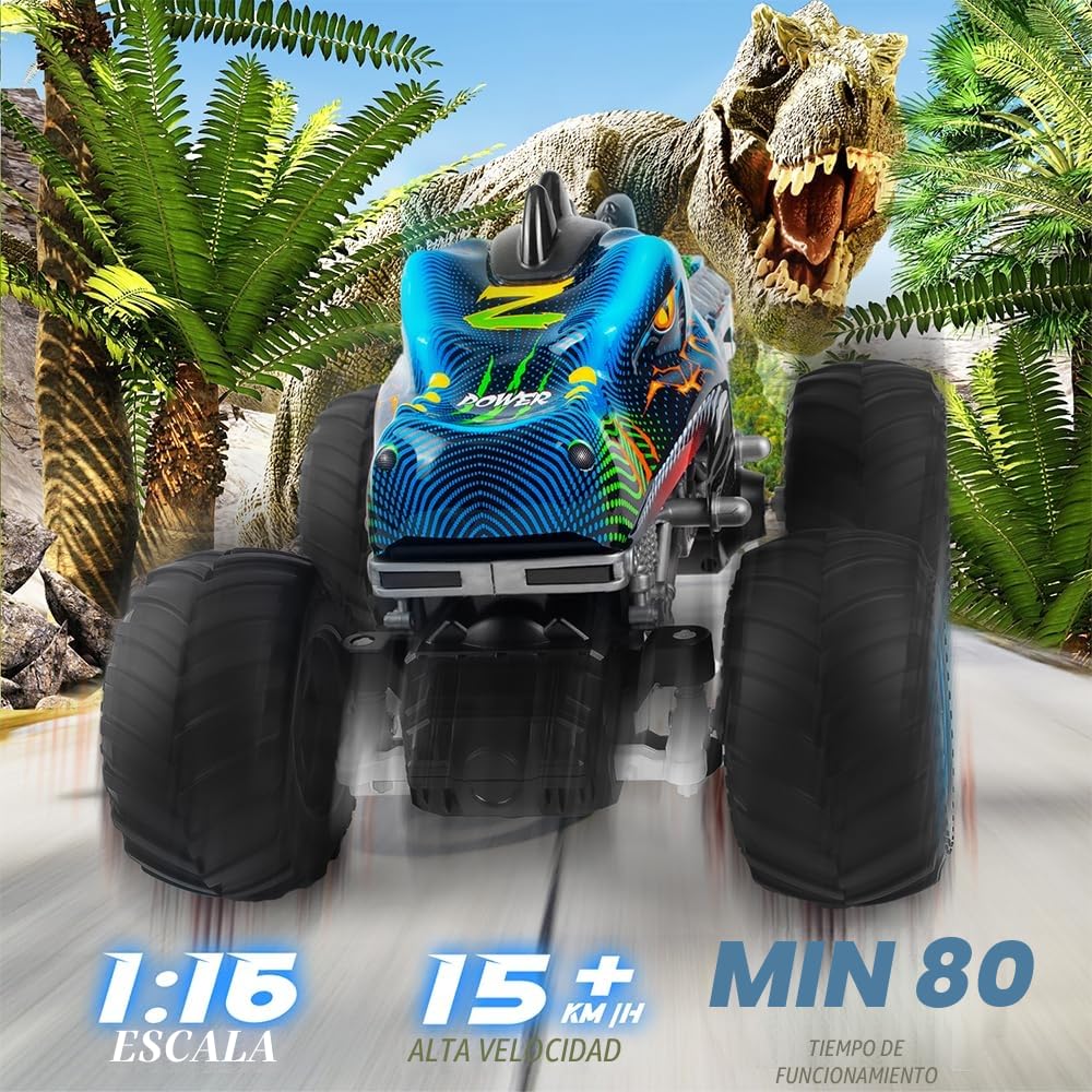 Coche teledirigido 1:16 RC Dinosaurios Monster Truck 2.4GHz 20 Km/h Radiocontrolado Todo Terreno con Niebla rociadora música Luces LED Regalo para niños de 4 5 6 8 años