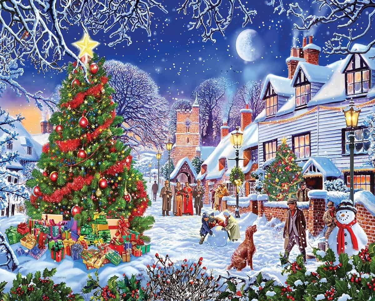 White Mountain 1000 Piece Jigsaw Puzzle Winter Christmas Holiday Puzzles for Adults and teens 24"x30" Large Pieces - Village Christmas Tree