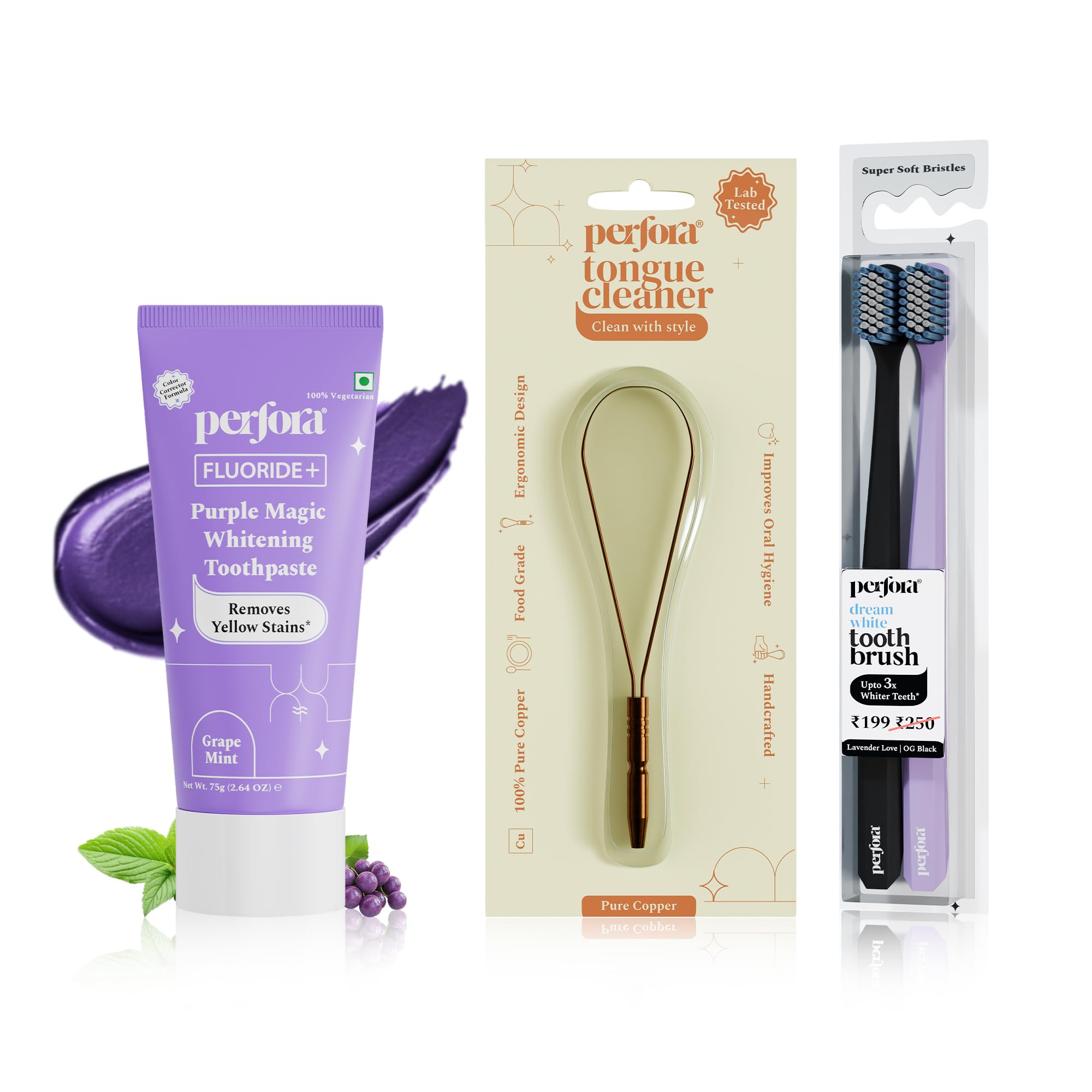 Perfora Teeth Whitening Combo | Enamel-Safe & Sensitivity-Free Oral Care Formula | For Fresh Breath & Bacteria Removal | Purple Toothpaste-75gm, Copper Tongue Cleaner, Manual Toothbrush-Pack of 2-picture-15