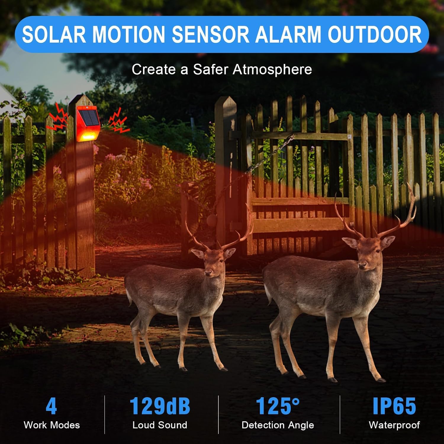 ChunHee Lot de 4 détecteurs de mouvement solaires d'extérieur - 129 dB - Sirène de sécurité sonore puissante IP65 - Étanche - Protégé pour jardin, ferme, jardin, poulailler