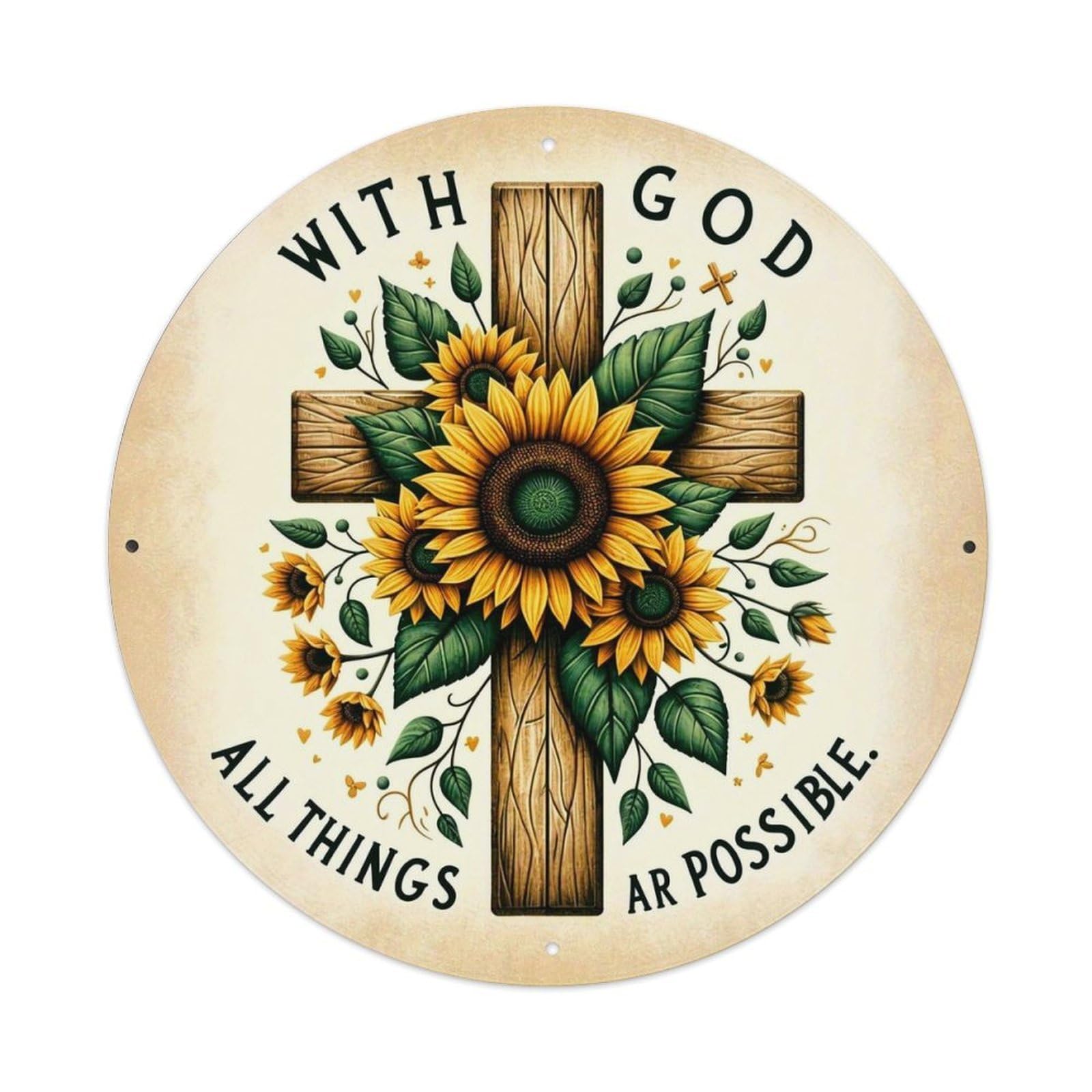 Cross With Sunflowers Vintage Metal Tin Sign Retro Wall Decor for Home Bar Garage Cafe, Indoor & Outdoor Decorative，circle Metal Poster, 8x8 Inch