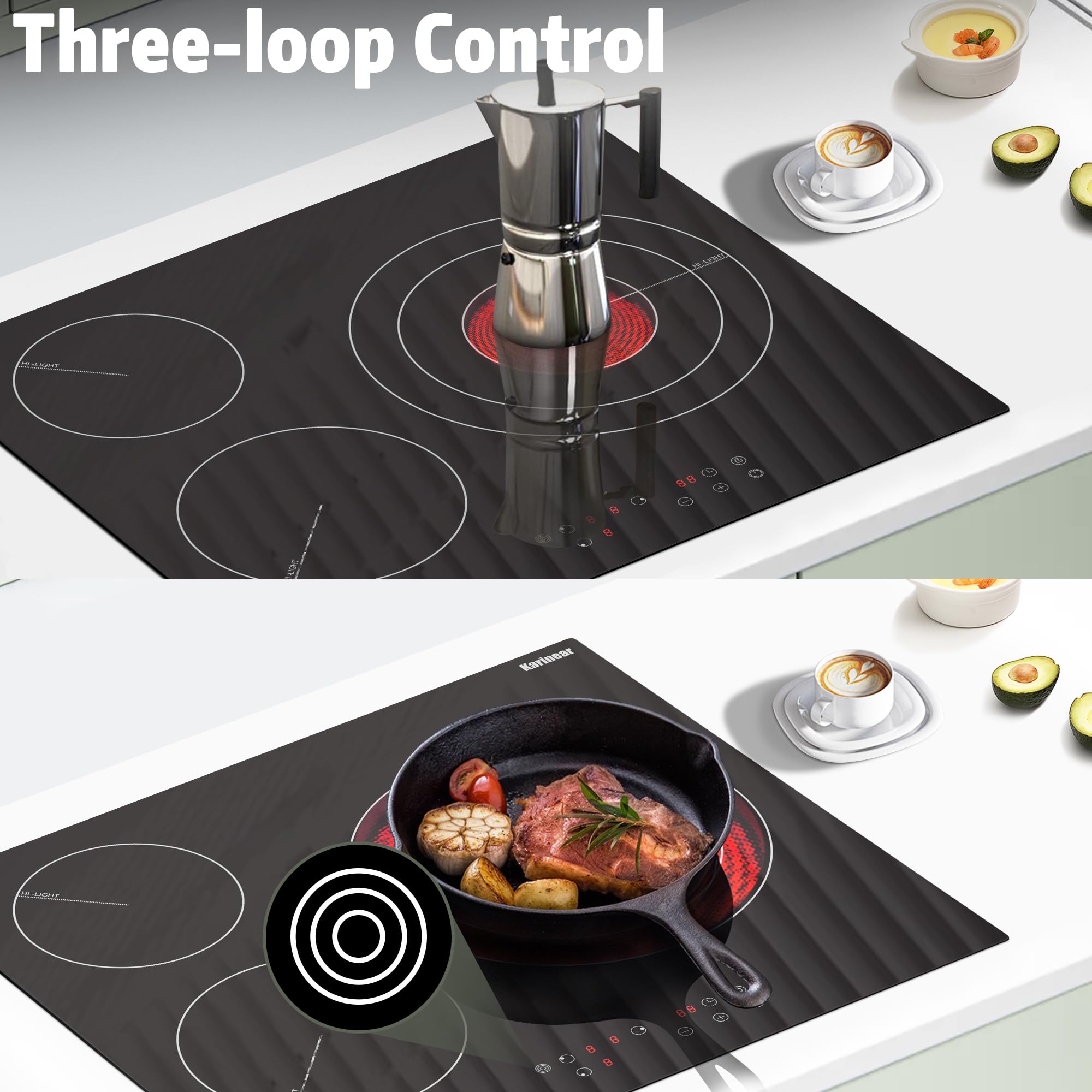 Karinear Plaque de cuisson Vitrocéramique 3 Feux | Table de Cuisson Électrique 59CM, Grand Disque, Commande Tactile, Minuterie, Verrouillage de Sécurité, 5700W, 220V