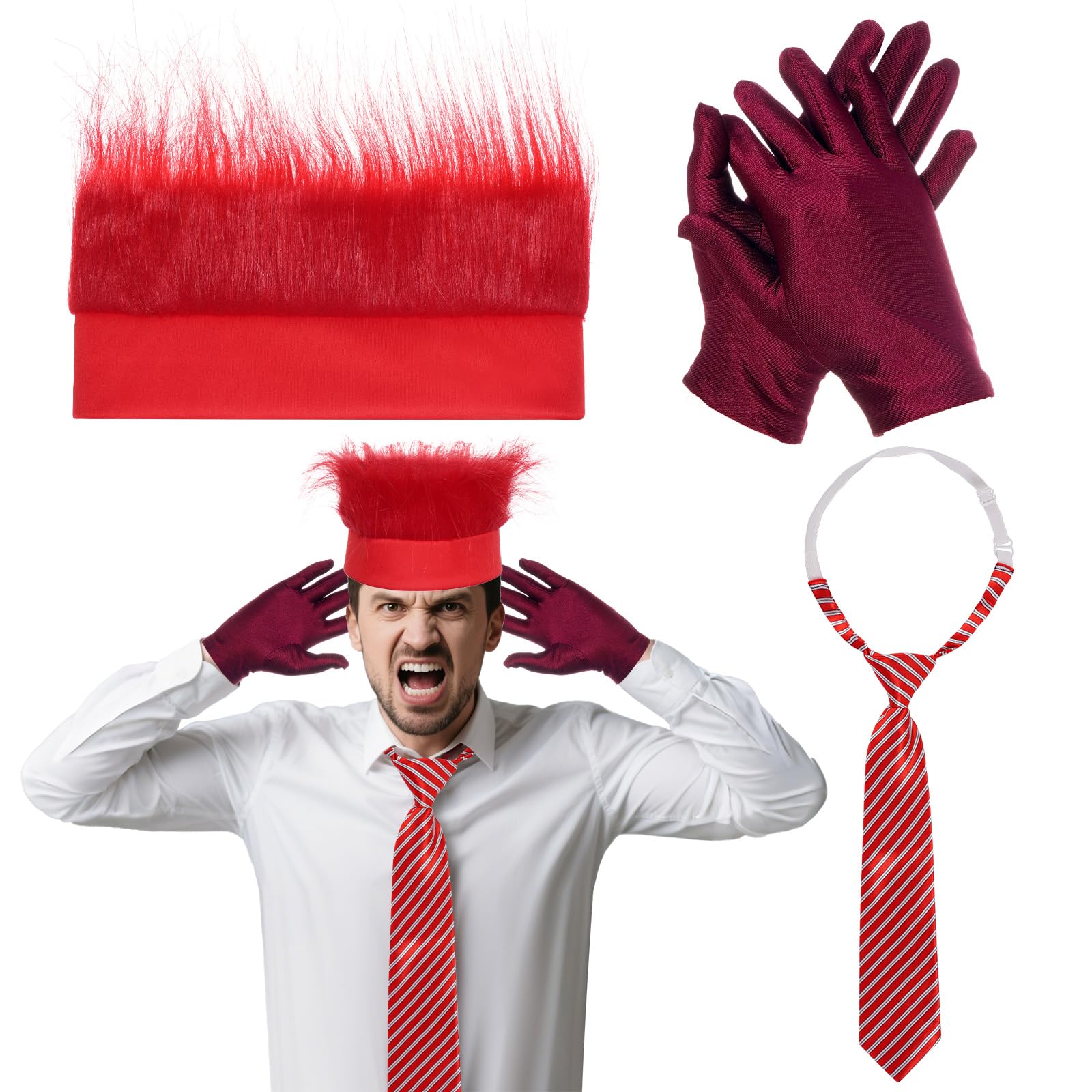 3 Pcs Halloween Anger Costume with Flame Hairy Headband Red Stripe Tie Gloves Angry Fire Dress up for