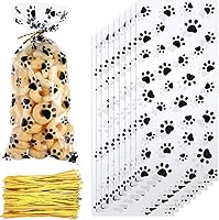 iNINGER 50 Pack Dog Paw Cellophane Treat Bags with Twist Ties - Heat Sealable Pet Party Favors for Dogs Cats Candy Gifts