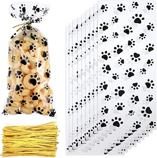 iNINGER 50 Pack Dog Paw Cellophane Treat Bags with Twist Ties - Heat Sealable Pet Party Favors for Dogs Cats Candy Gifts