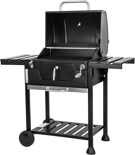 MasterCook - Barbecue A Carbonella Friend Con Doppia Griglia E Regolazione Cestello, BBQ Carbonella Con Coperchio, Termometro, Ripiani Pieghevoli, Barbecue A Carbone Professionale In Acciaio - 3