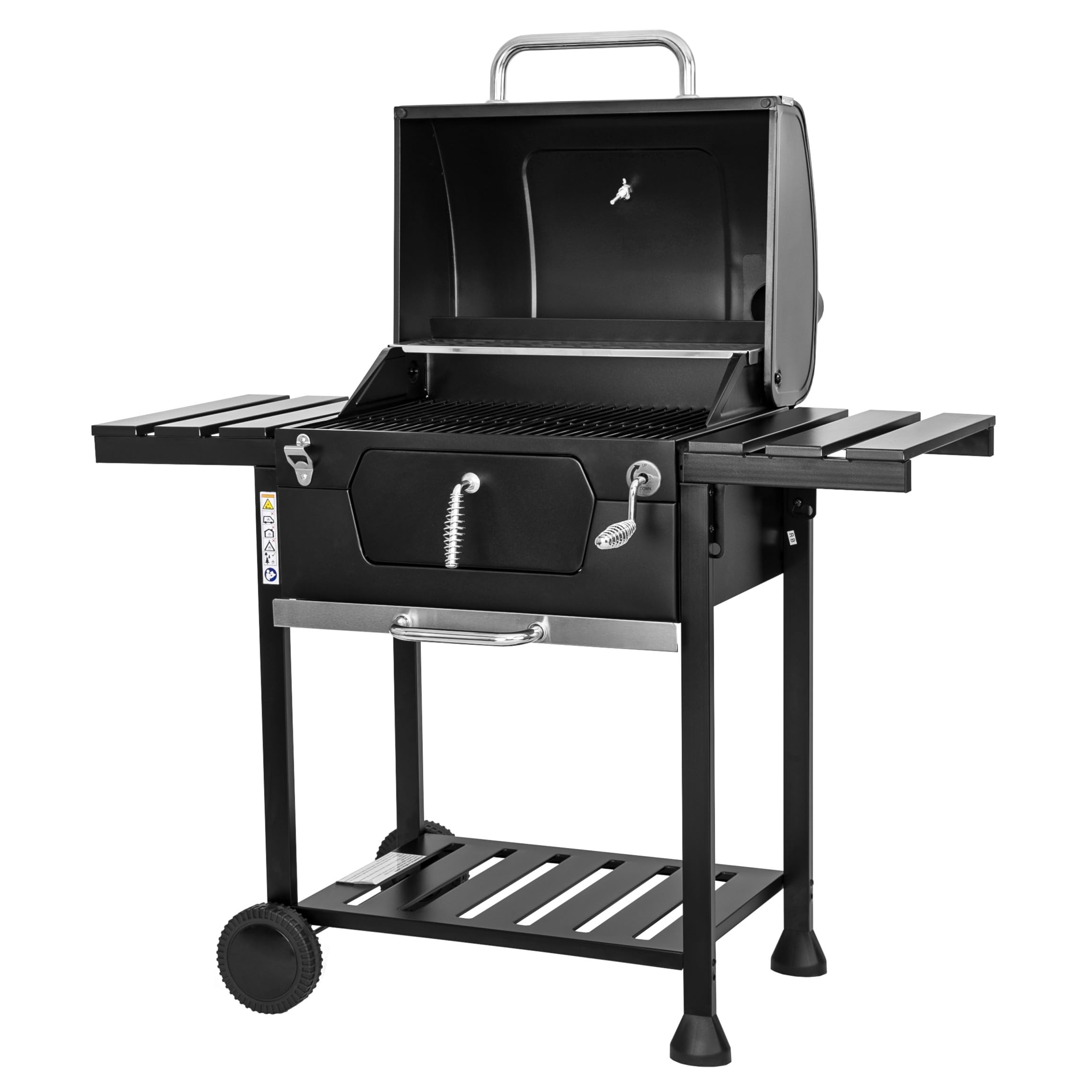 MasterCook Barbacoa de carbón de acero con ruedas resistente y estable con doble parrilla, termómetro y ajuste de la cesta de barbacoa, barbacoa de carbón con estantes laterales