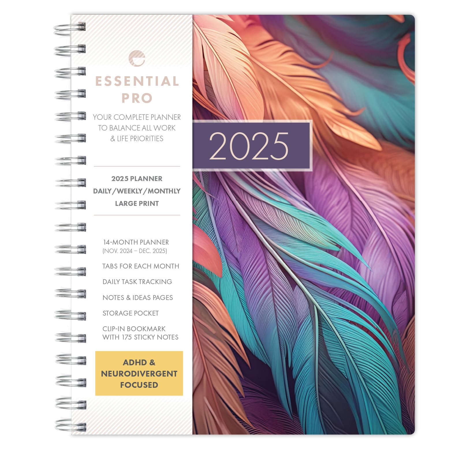Essential PRO 2025 Daily, Weekly & Monthly Planner, 7"x9": 14 Months (Nov 2024 - Dec 2025) Monthly Tabs,Daily Tracking,Notes Pages,Storage Pocket,
