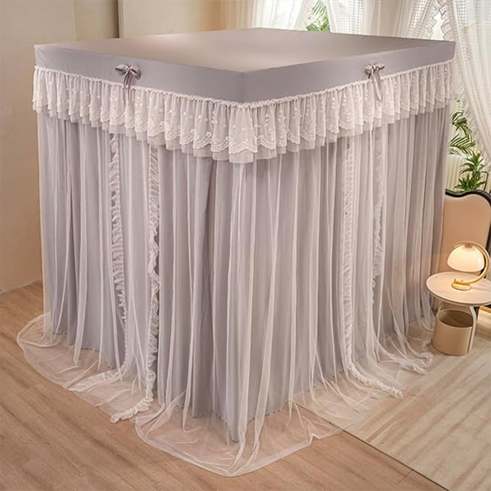 Lit Baldaquin Fille Princesse, Rideau De Lit Baldaquin Princesse avec Volants, 4 Ouvertures Moustiquaire Double Couche pour Chambre De Fille DéCoration Romantique,E,200 * 220cm* Without Stand