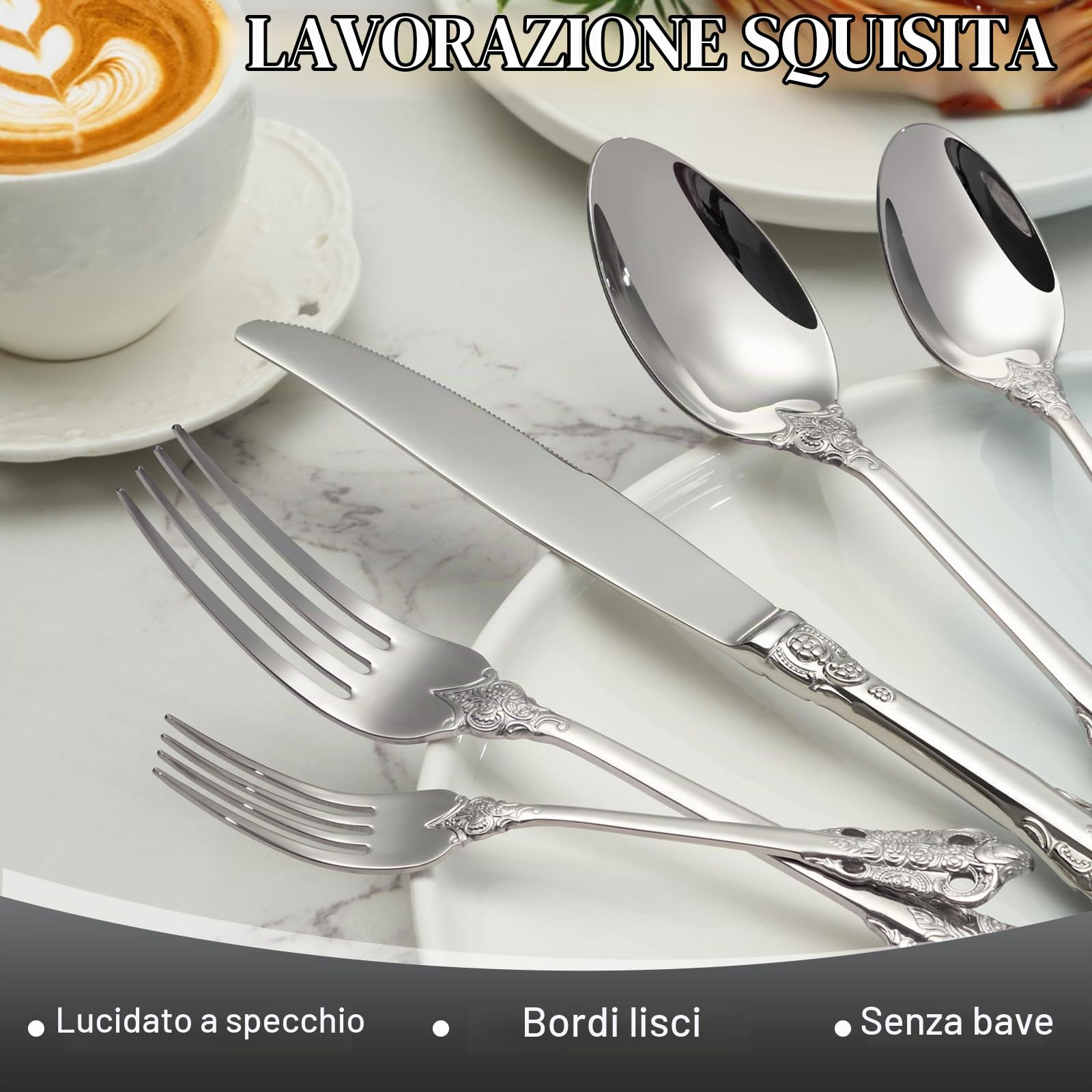 BEWOS Set Posate Palazzo d'Argento 30 Pezzi, Posate Acciaio Inox, Manici in Rilievo, Posate per Famiglia e Banchetti, Confezionati in Regalo, Lavabili in Lavastoviglie