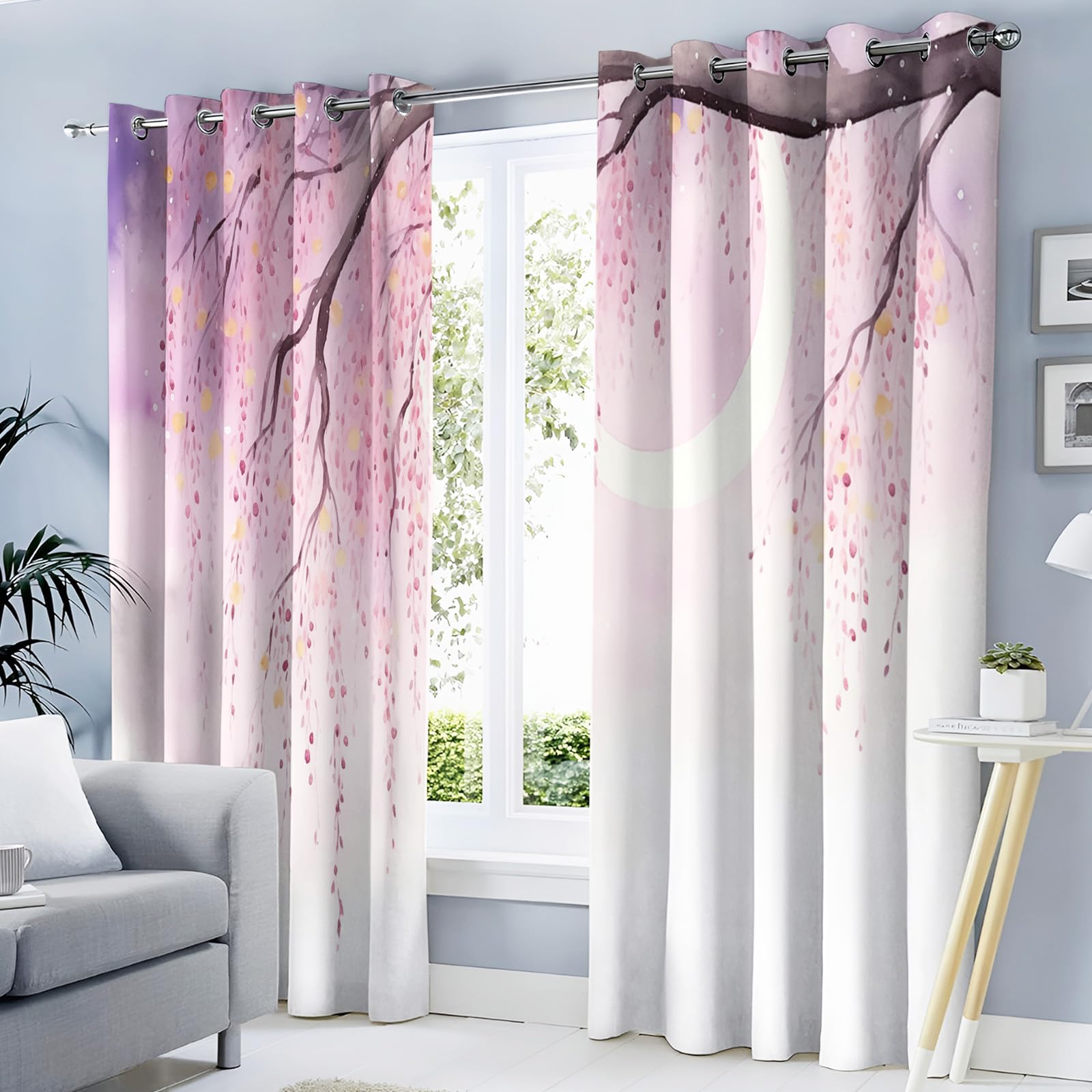 Rideaux Occultant Ciel Lunaire Saule Lot De 2 140Lx240H Cm, Rideau Thermique Anti Froid Poudre Blush Rideau Opaque Aquarelle Rêveuse À Oeillets Cloisons Draperies pour Chambre Salon