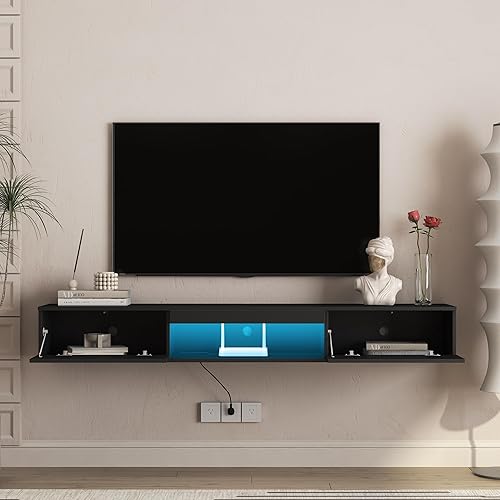 Miniatura 8 de KEIKI Soporte flotante para TV, centro de entretenimiento flotante montado en la pared con LED y toma de corriente para TV de 55, 60, 65 pulgadas,