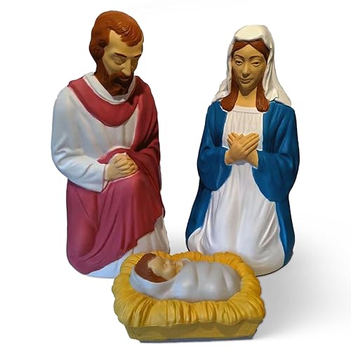 Union Products three-piece blow mold nativity set: moulded Mary and Joseph figures with baby Jesus in the manger