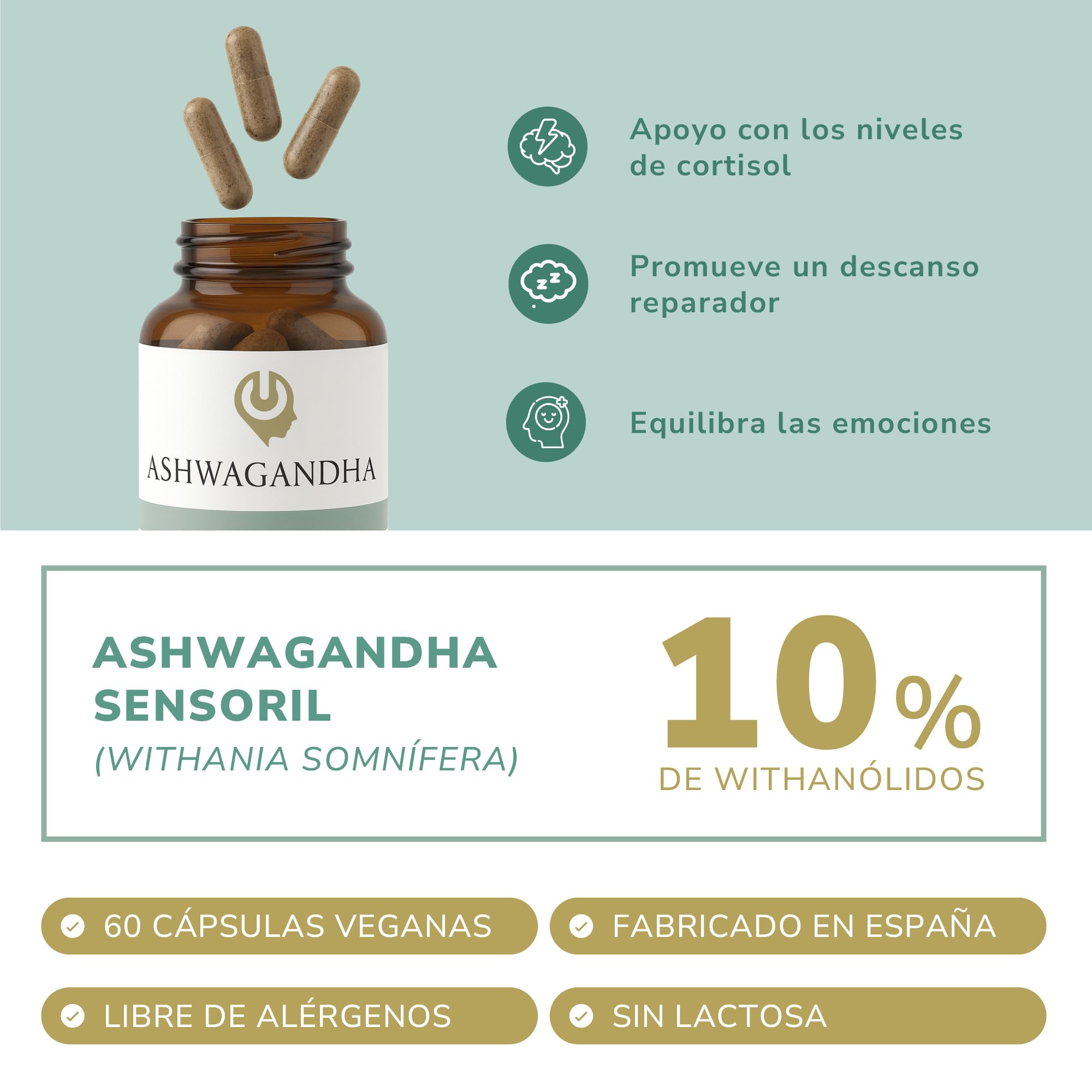 BESTME - Ashwagandha con Sensoril® 521 mg (10% de Withanólidos) | 60 Cáps | Apoyo al Estado de Ánimo, Calma y Concentración, Nootrópico Vegano y Sin Gluten