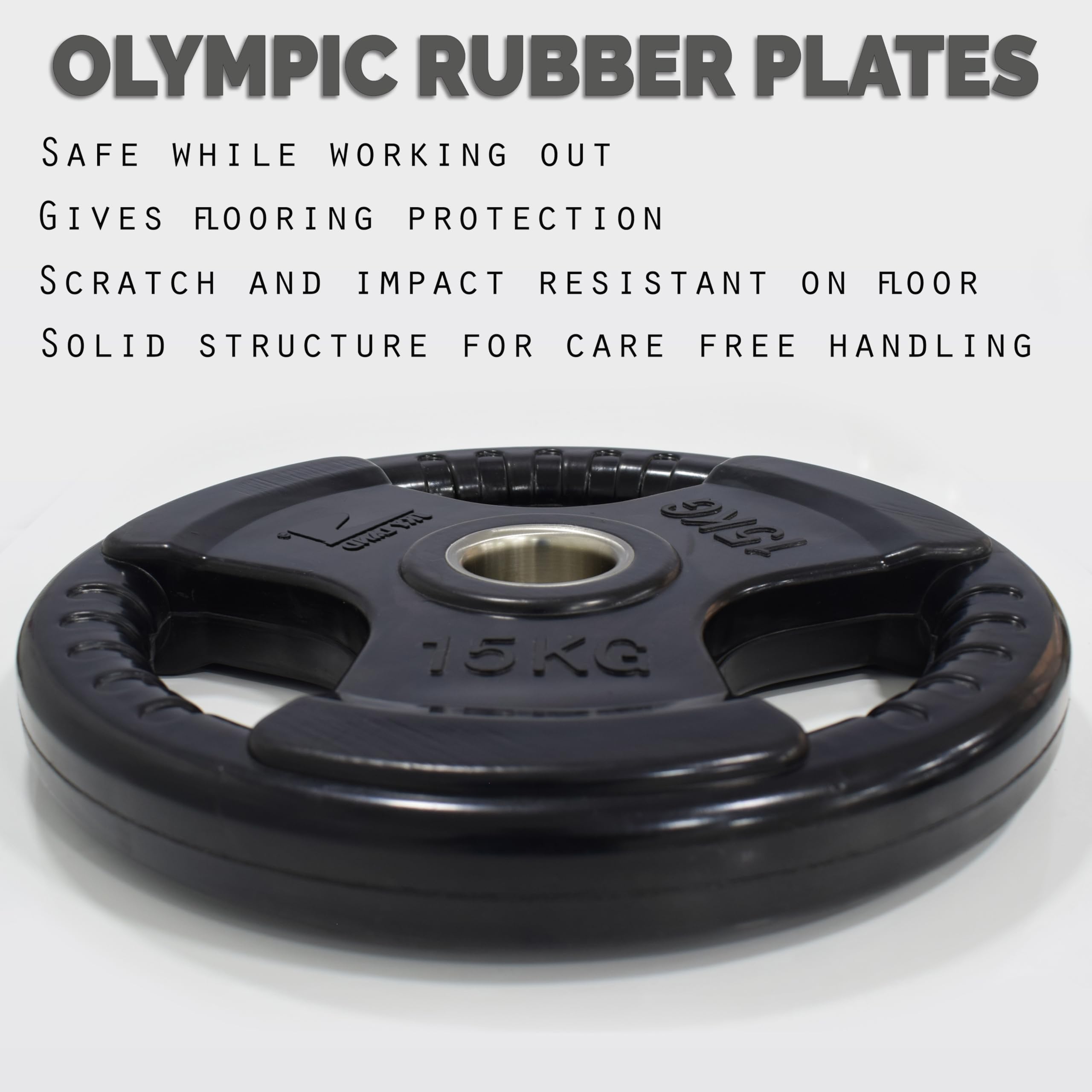 SKY LAND Fitness Olympic Weight Plates with Rubber Finish 2’’ Opening & Tri-Grips,Black Barbell Plates Discs in Single for Lifting and Strength Training, Solid Cast Iron Core Weights, 15 kg EM-9264-15