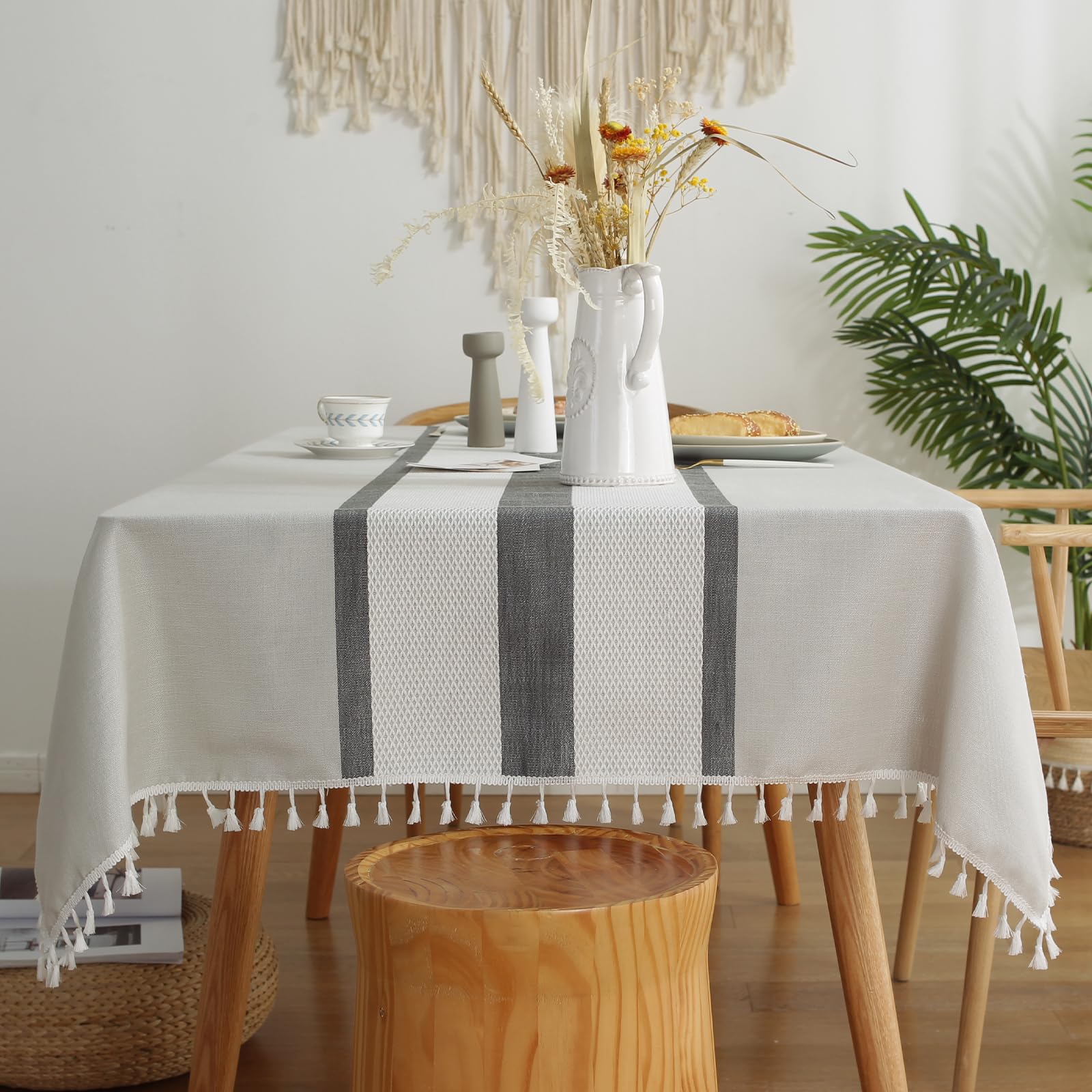 Table Cloth Rectangle, Cotton Linen Tablecloths with Tassel, Dust-Proof Tablecloth Kitchen Dinning Table Cover for Indoor Outdoor Party, 4-6 Seats (55×86“, Grey)