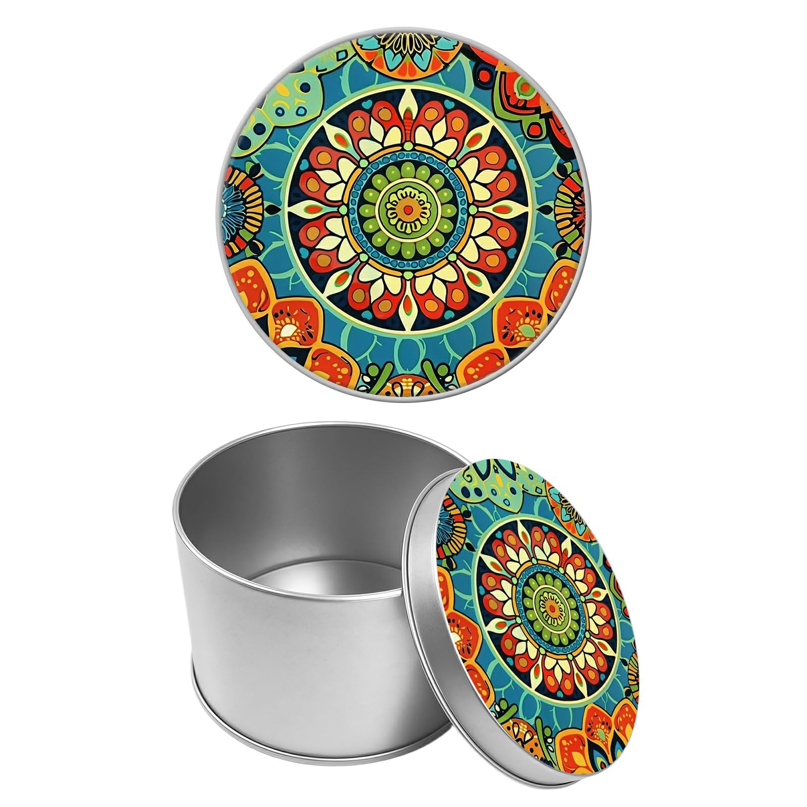Round Metal Tin Container with Removable Lid, Mandalas Durable Metal Storage Box for Cookies Spices Tea Candies Cakes Jewelry Cosmetics 3.54 x 2.36 inch– Single Pack