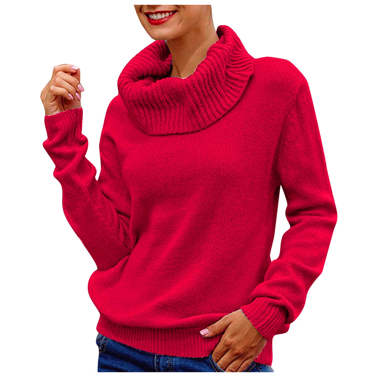 Knitted Jumper Red Cowl Neck Sweater Workout Sweatshirt Women Long