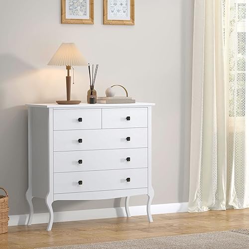 Miniatura 8 de SogesPower Cómoda blanca con 5 cajones con cajones anchos y patas curvas, cómoda de madera para sala de estar, dormitorio, entrada, pasillo 5
